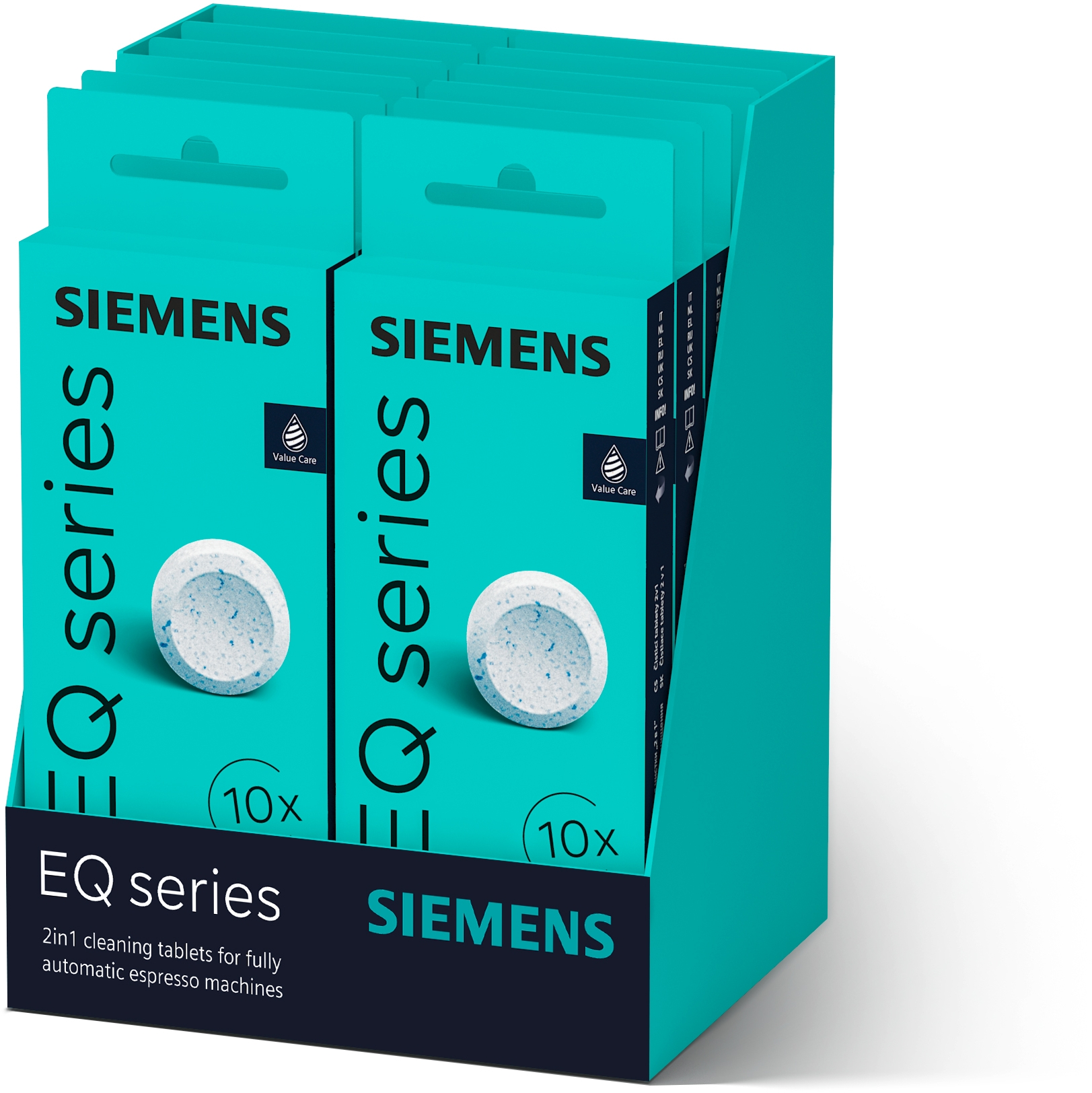 Eine Anzeige von Siemens EQ-Reinigungstabletten in einer teal-farbenen Box. Die Tabletten sind weiß.