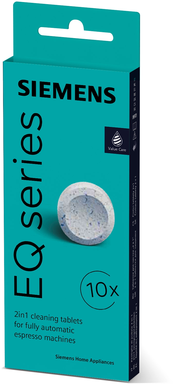 Eine Schachtel mit Siemens EQ-Serie Reinigungstabletten für Espressomaschinen.
