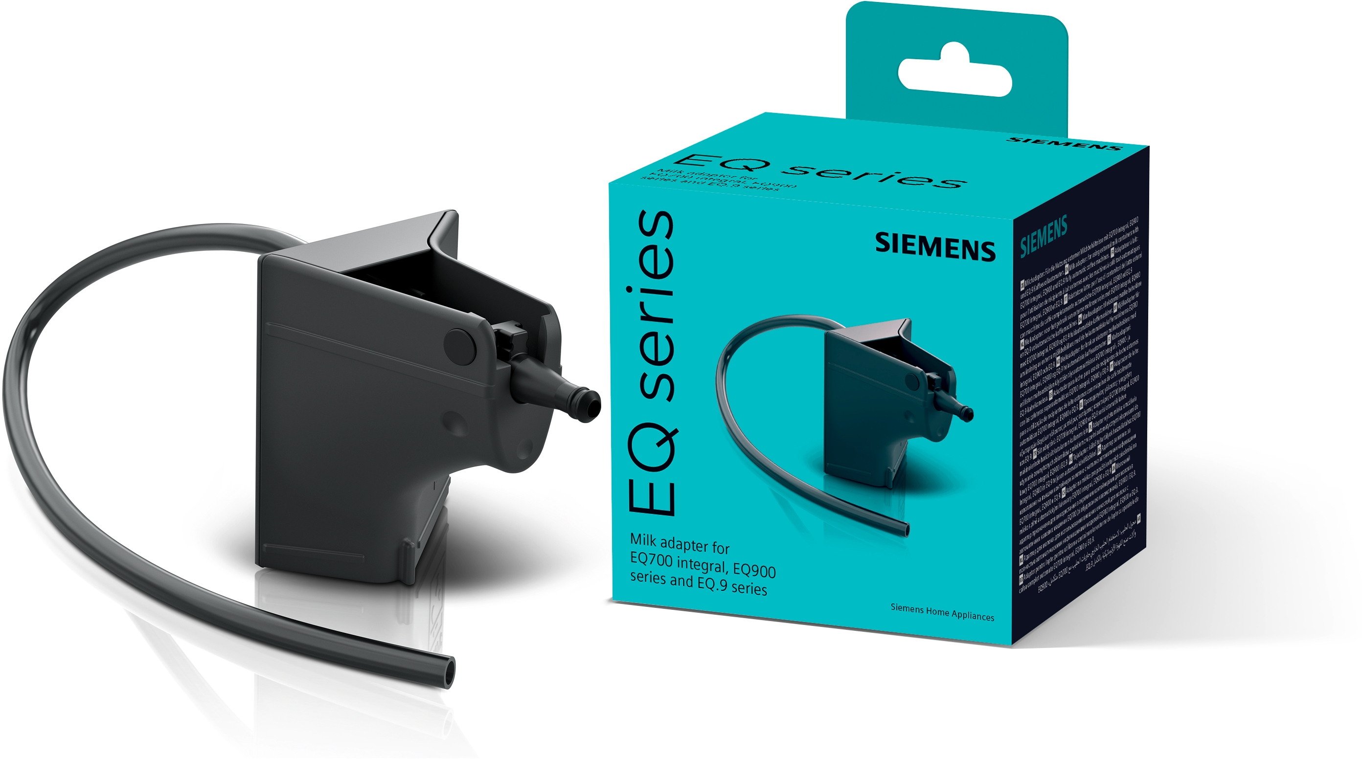 Ein schwarzer Siemens EQ-Serie-Milchadapter-Karton mit Adapter und herausragendem Schlauch.