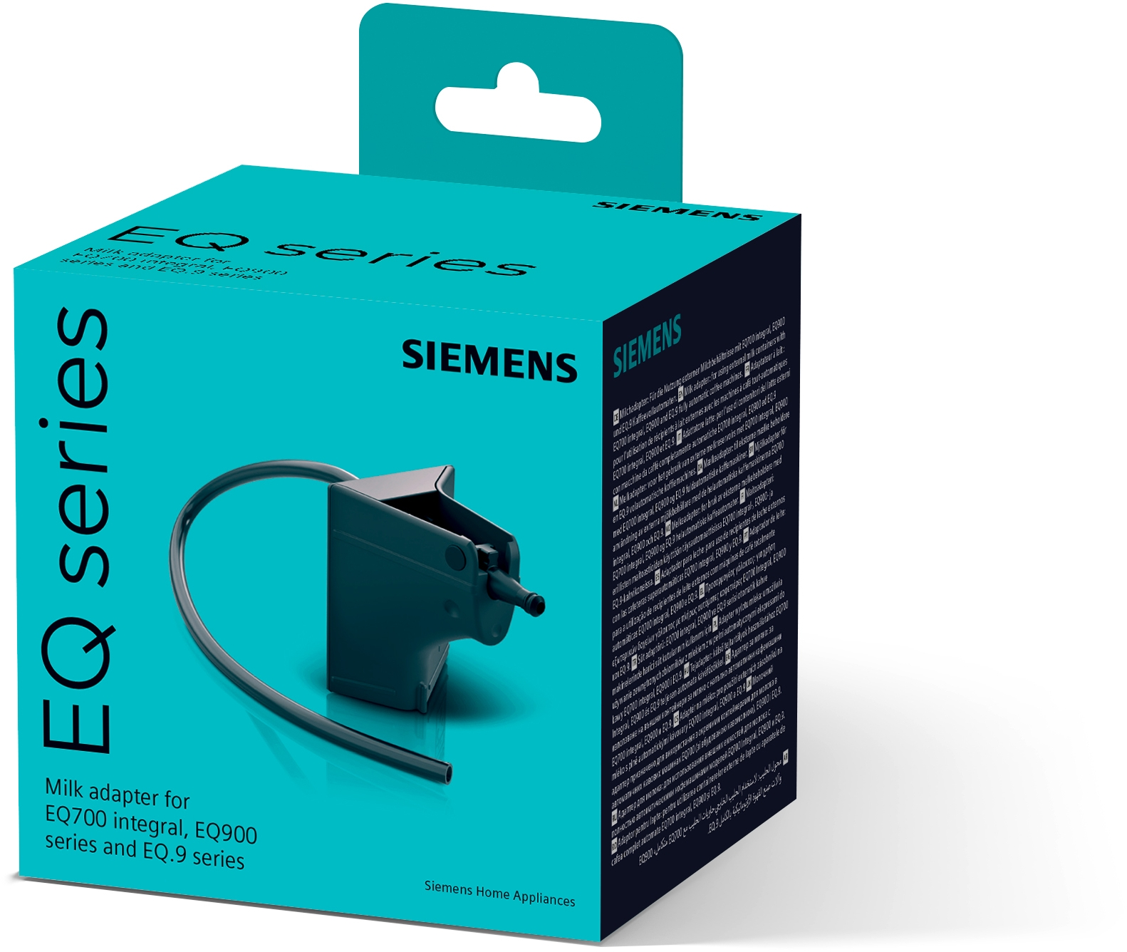 Eine türkisfarbene Schachtel mit einem Milchadapter der Siemens EQ-Serie. Die Schachtel zeigt Adapter und Text.
