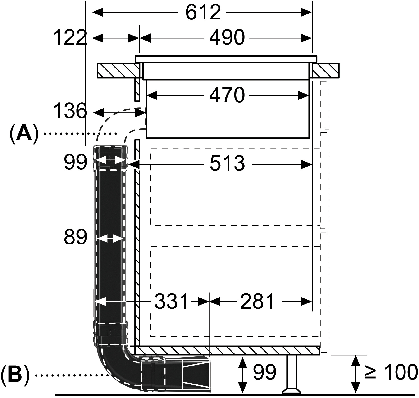 Diagramm zeigt die Maße einer Dunstabzugshaube mit verschiedenen Messungen und beschrifteten Abschnitten.