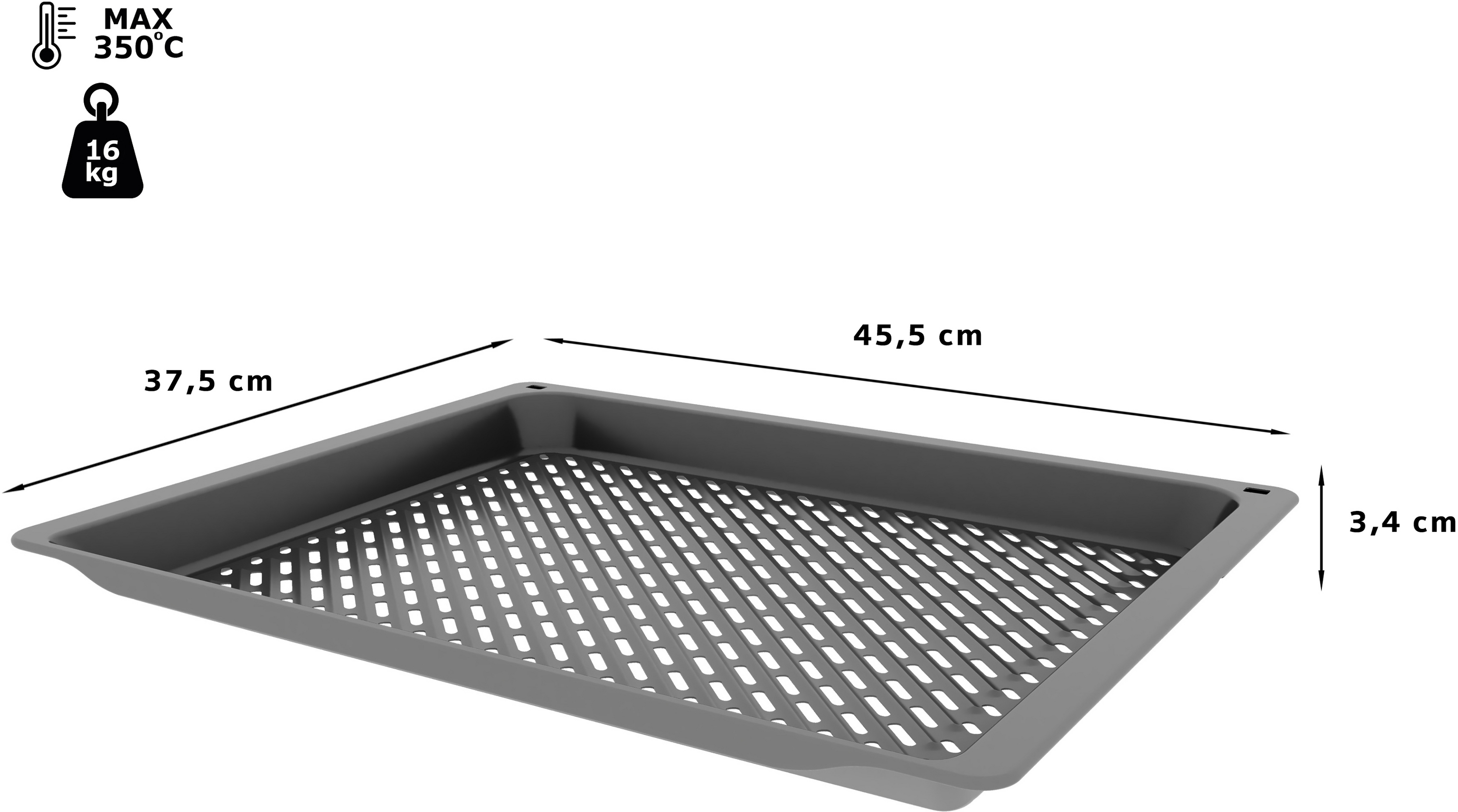Ein graues rechteckiges Backblech mit perforierter Oberfläche. Maße: 37,5 cm, 45,5 cm und 3,4 cm. Max 350°C, 16 kg.