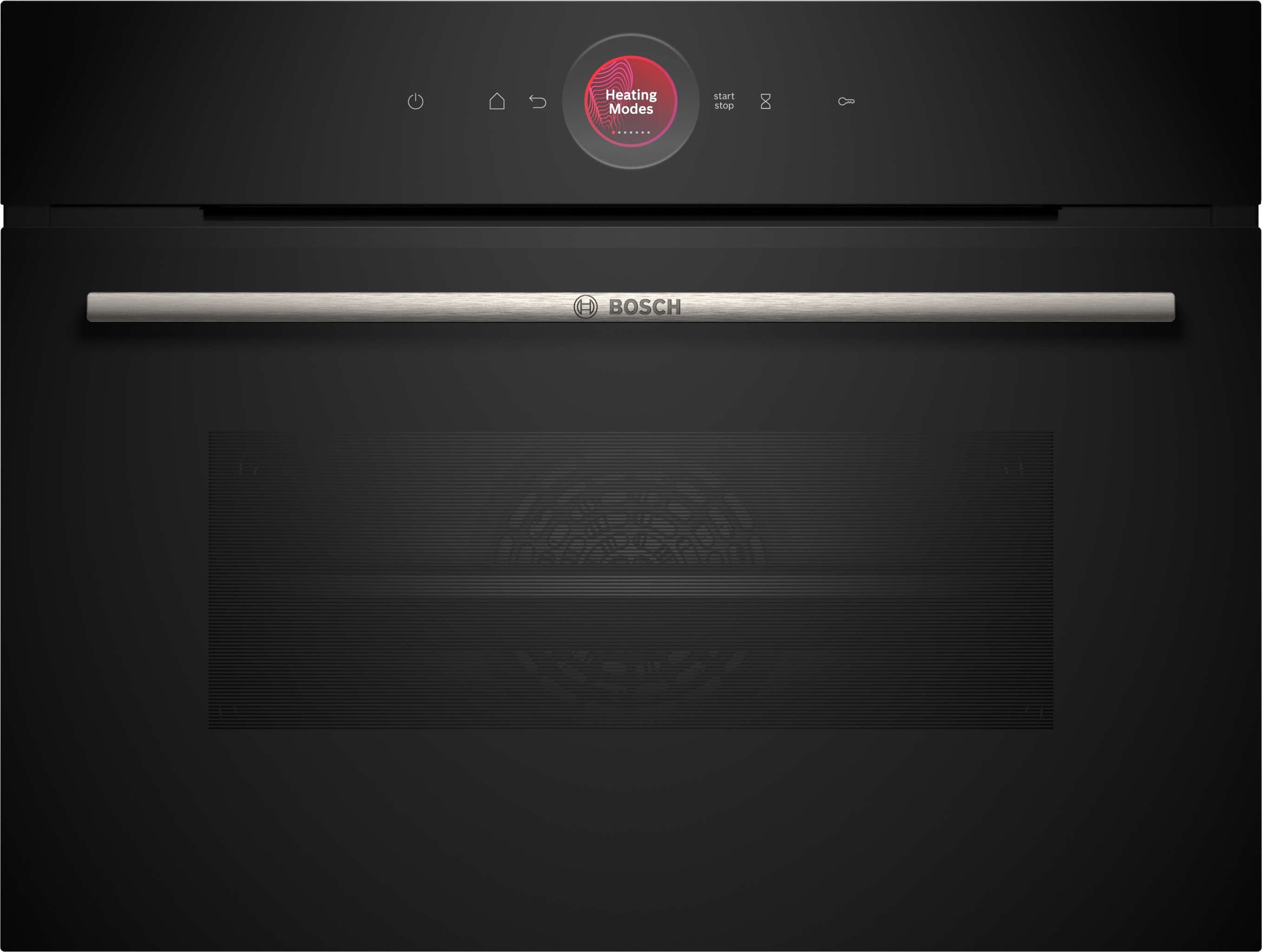 Nahaufnahme eines schwarzen Ofens mit Digitalanzeige. Das Display zeigt einen roten Kreis mit 'Heizmodi'.