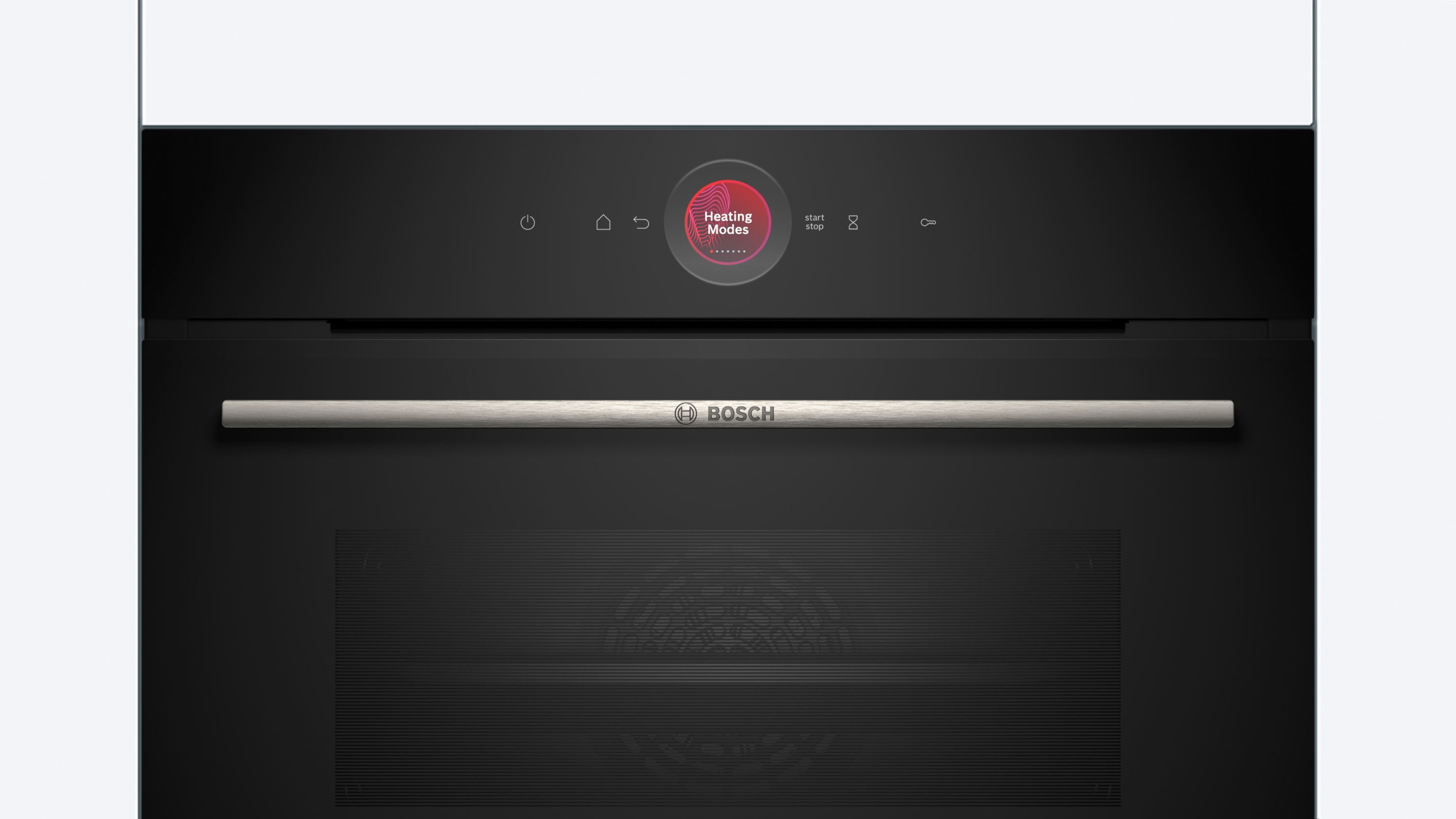 Ein schwarzes Backofen-Bedienfeld mit Digitalanzeige und Touch-Bedienelementen. Es hat einen silbernen Griff.