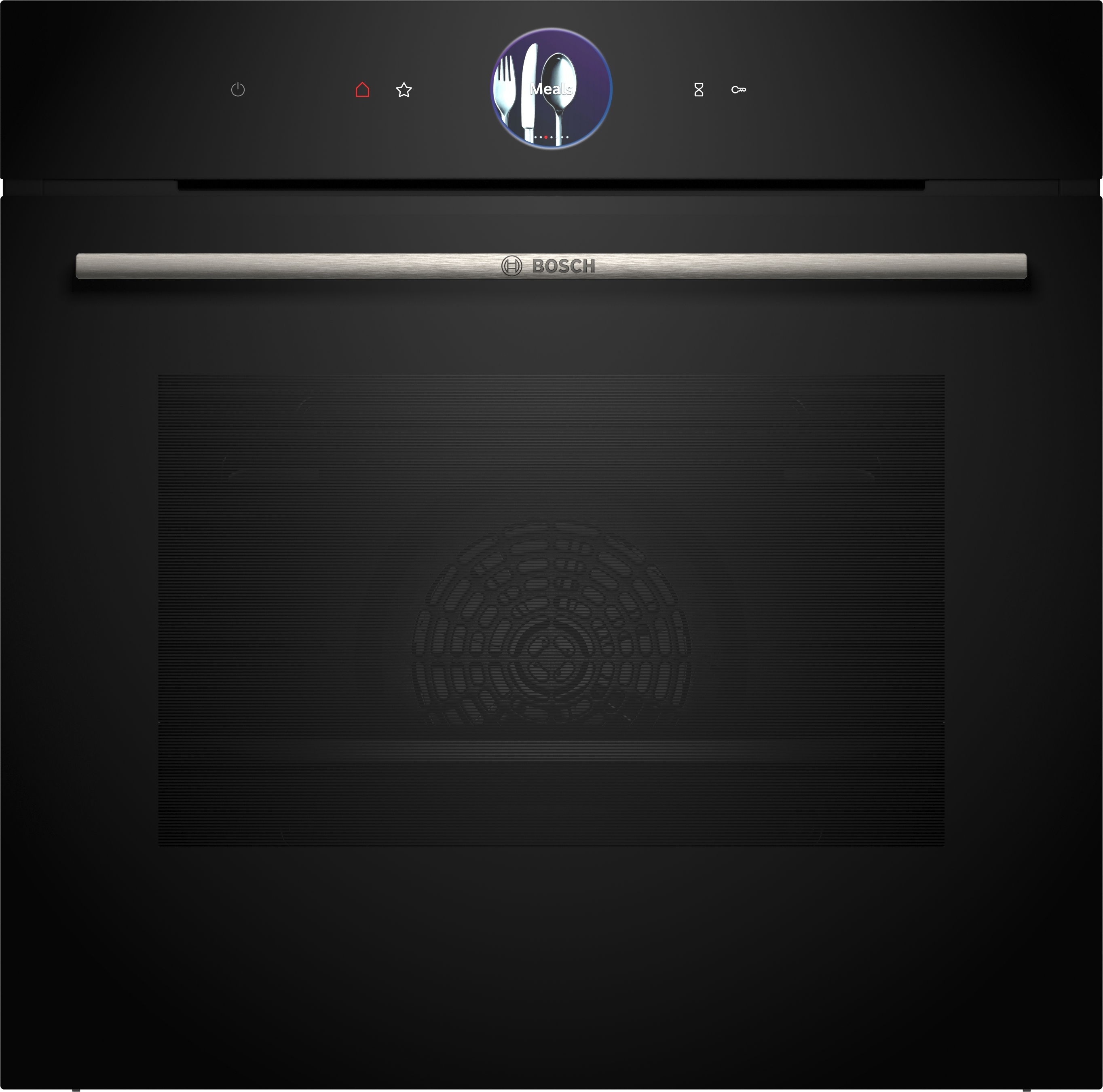 Schwarzer Backofen mit Digitalanzeige und silbernem Griff, Bosch-Logo.