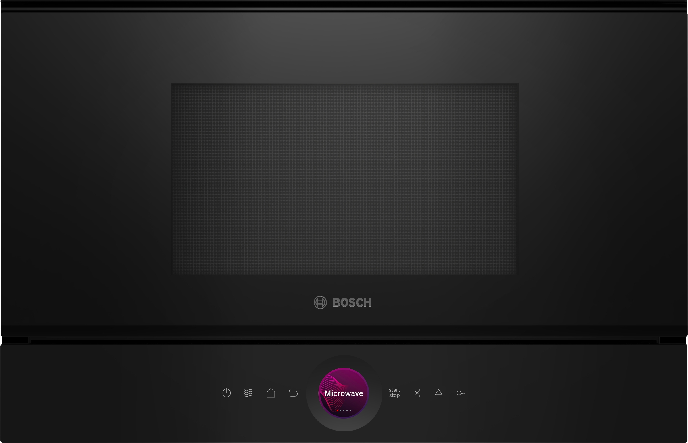 Schwarze Mikrowelle mit Touch-Display. Das Bosch-Logo ist sichtbar.