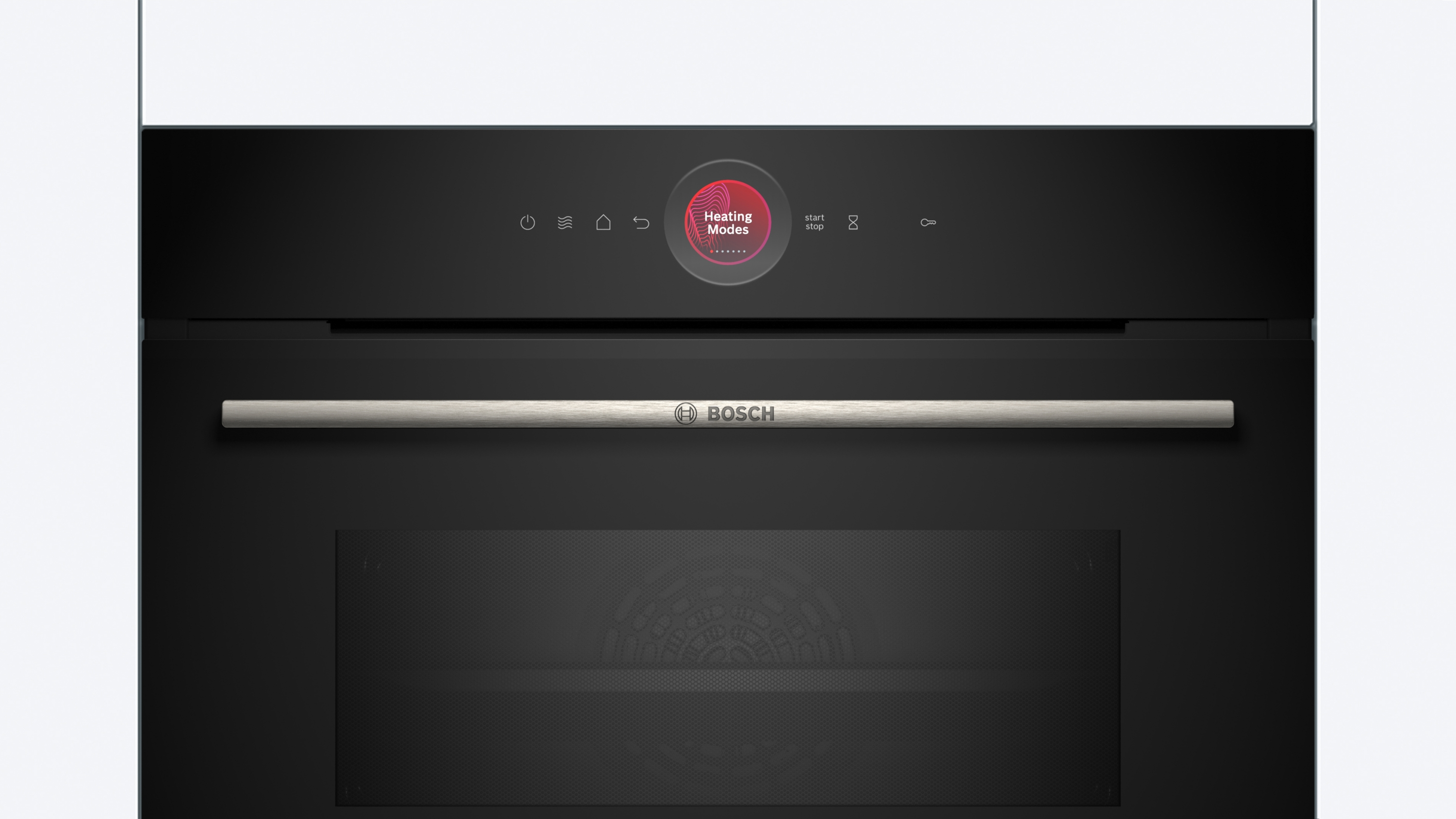 Nahaufnahme eines schwarzen Backofen-Bedienfelds mit Display und Touch-Tasten.