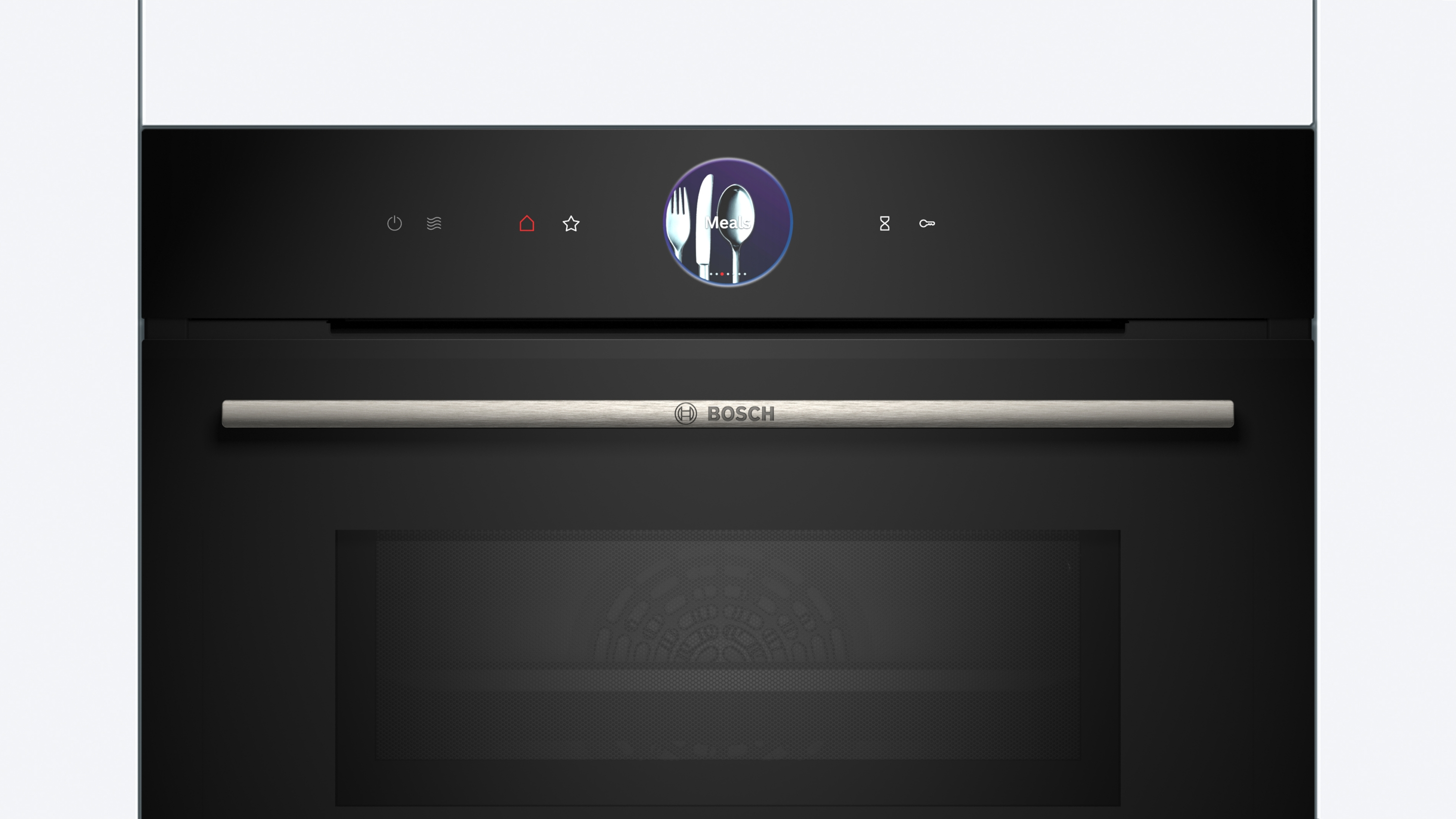 Schwarzer Backofen mit Touchscreen und Edelstahlgriff. Das Bosch-Logo ist sichtbar.