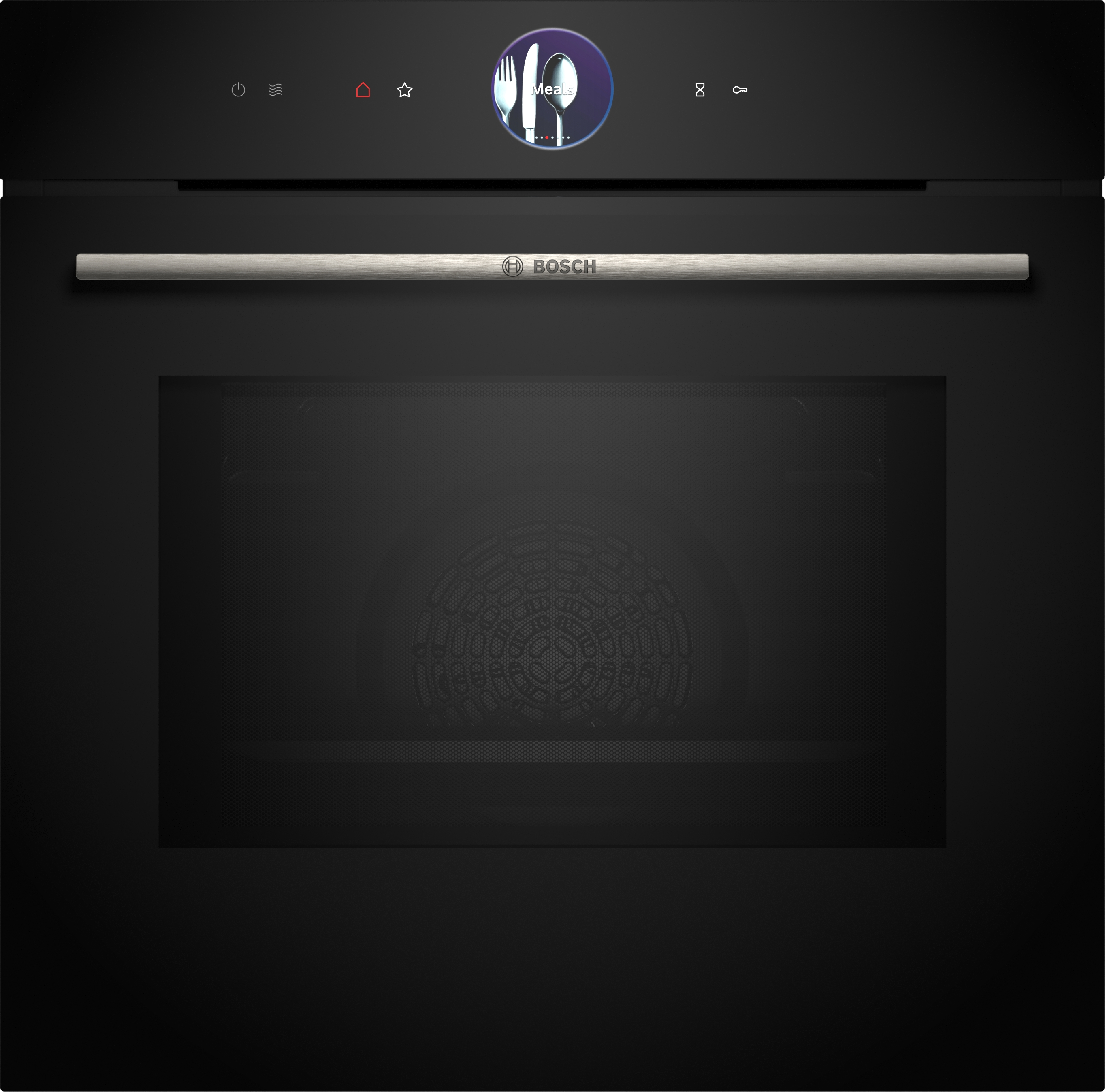 Ein schwarzer Backofen mit Touchscreen-Display und Bosch-Logo.