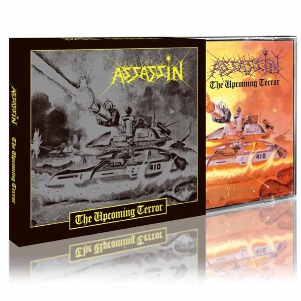Albumcover mit Panzern und dem Wort 'Assassin'. Der Titel lautet 'The Upcoming Terror'. Das Artwork ist in Schwarzweiß und Orange gehalten.