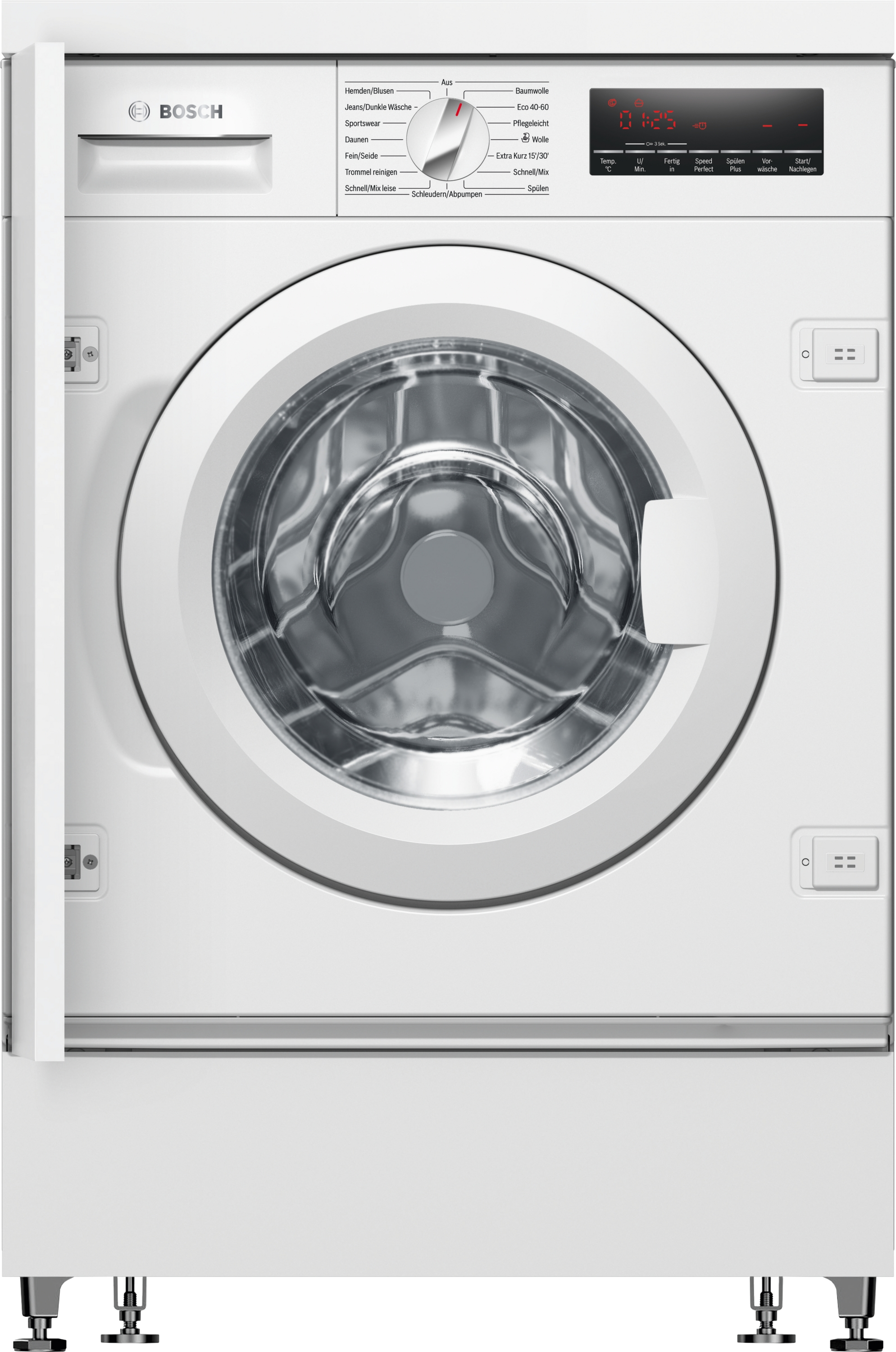 Eine weiße Waschmaschine mit offener Tür. Bosch-Logo sichtbar.