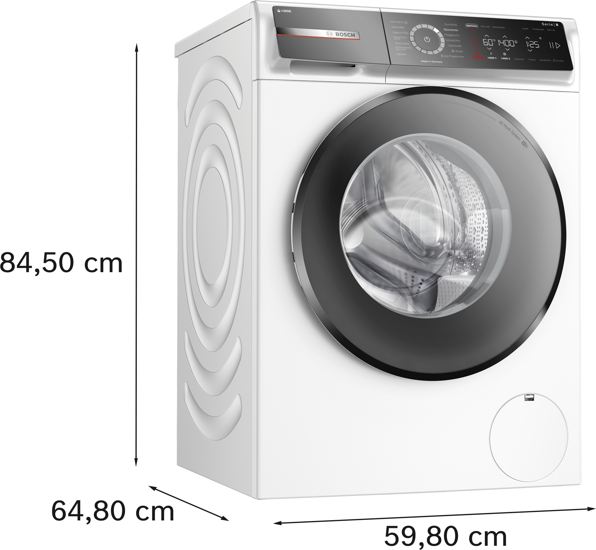 Eine weiße Waschmaschine mit den angegebenen Abmessungen: 84,5 cm Höhe, 64,8 cm Tiefe, 59,8 cm Breite.