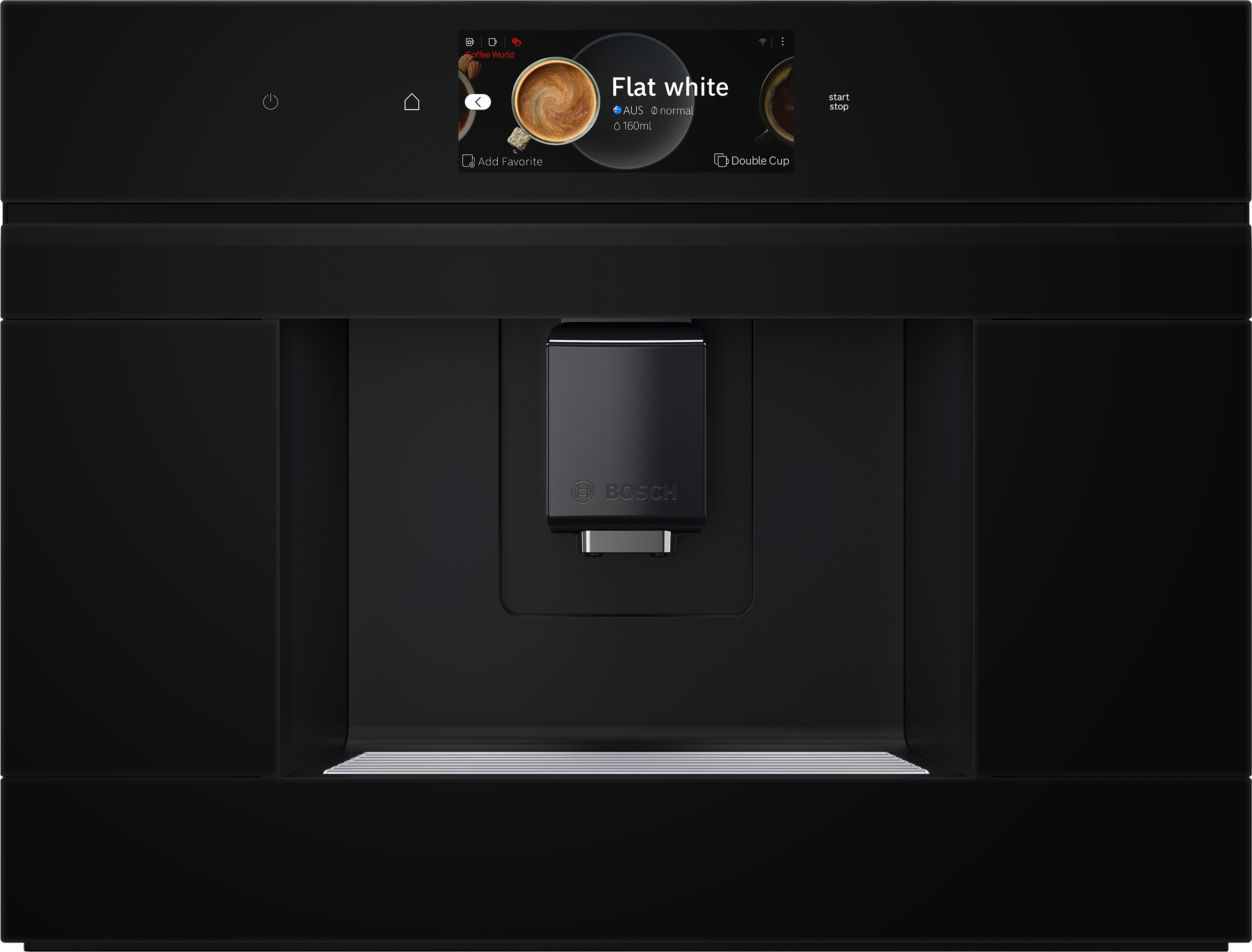 Schwarze Einbau-Kaffeemaschine mit Touchscreen, zeigt Flat White Kaffee und Bedienelemente.