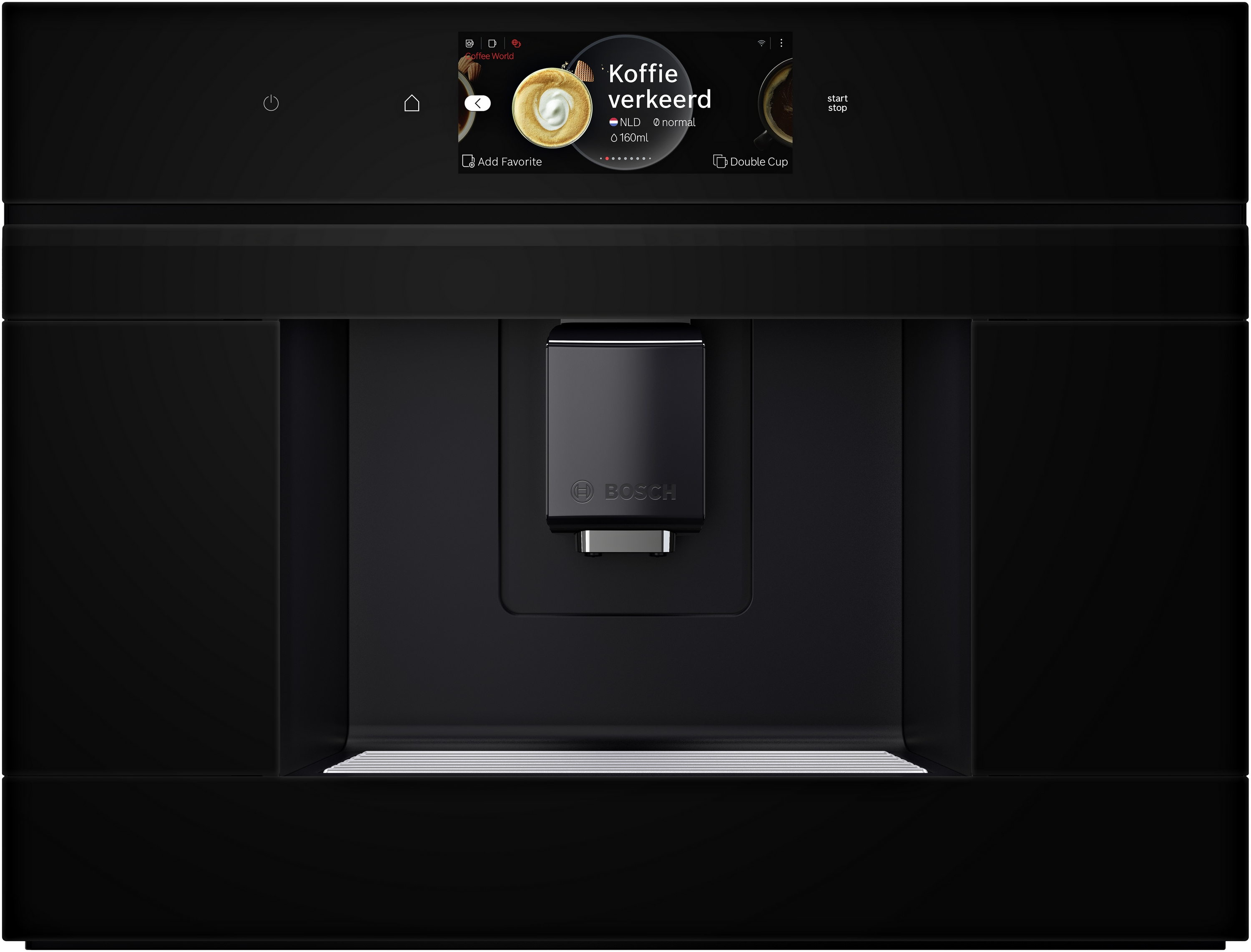 Schwarze Einbau-Kaffeemaschine mit Display und Bedienfeld; Text auf Deutsch.