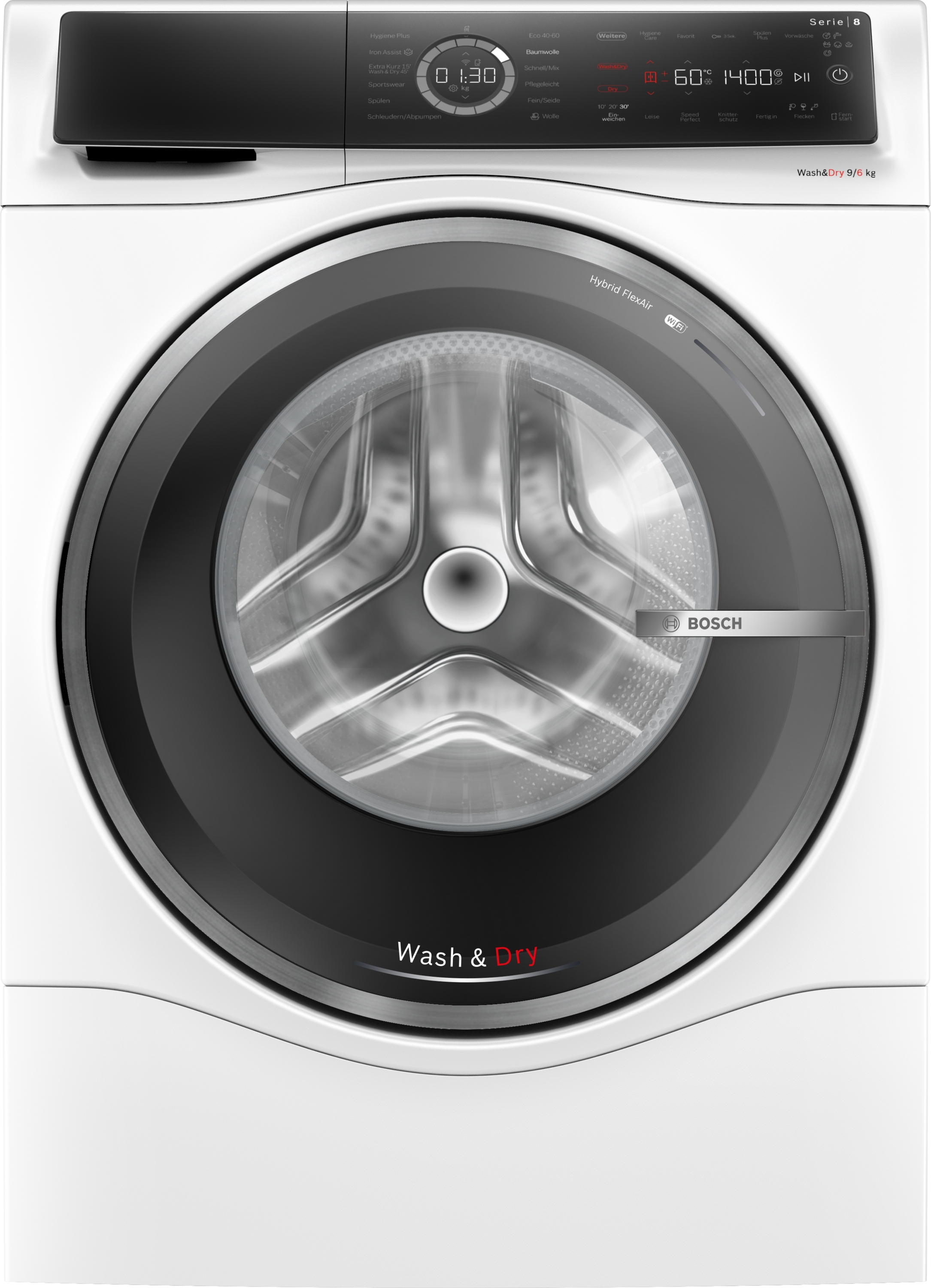 Vorderansicht einer weißen Bosch-Waschmaschine mit schwarzer Tür und digitaler Anzeige.