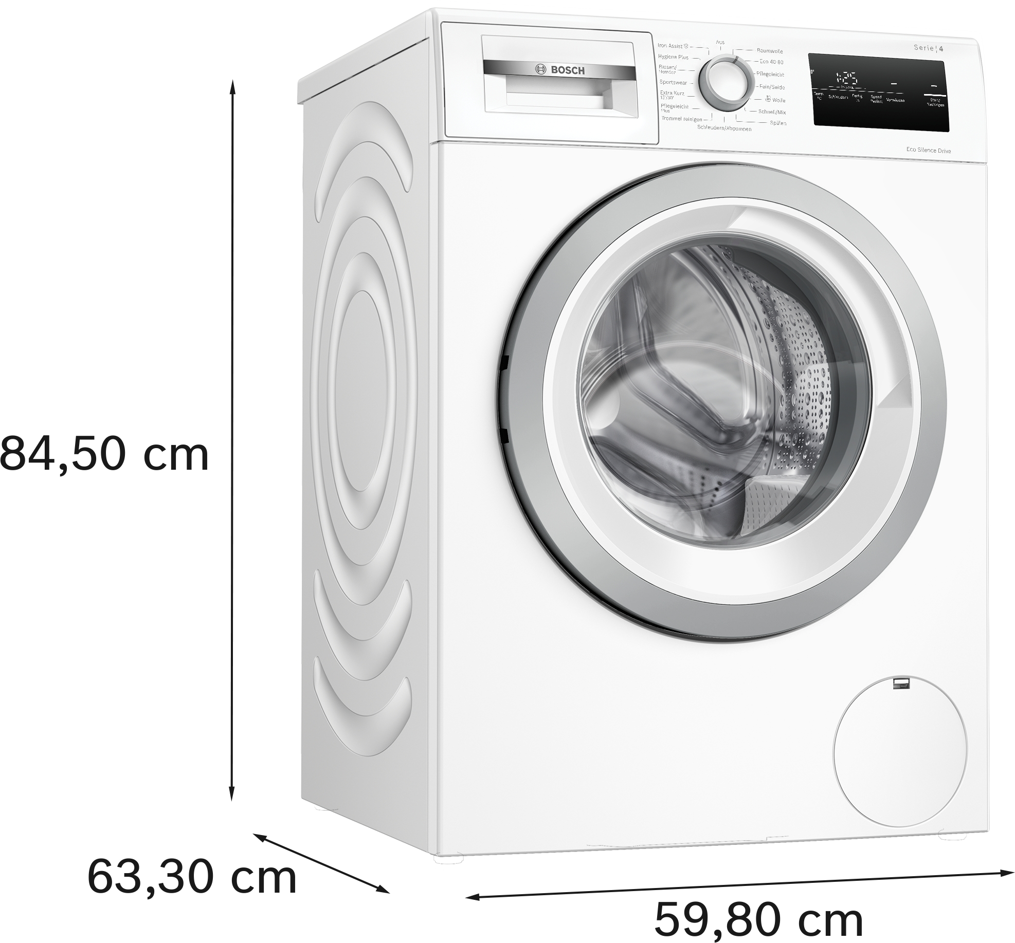 Eine weiße Waschmaschine mit in Zentimetern beschrifteten Abmessungen.