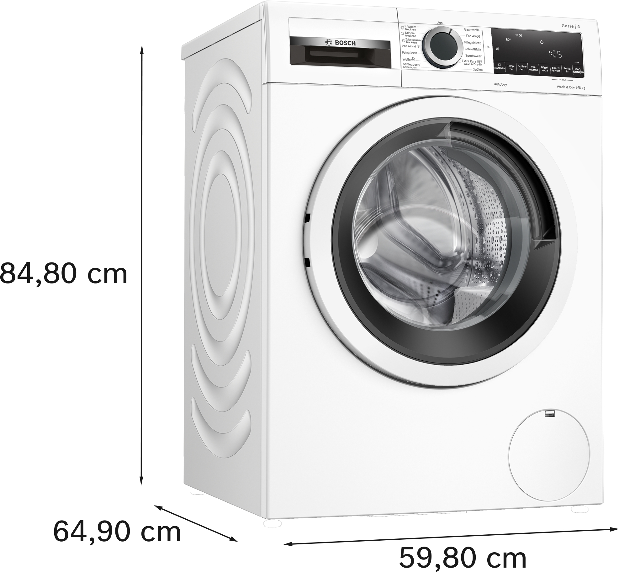 Weiße Waschmaschine mit den Maßen: 84,80 cm hoch, 64,90 cm breit und 59,80 cm tief.