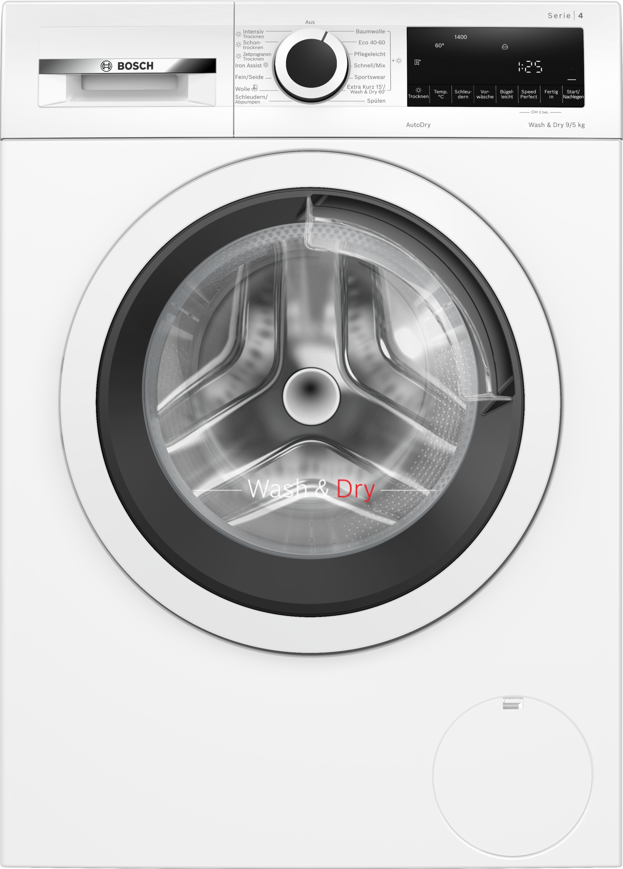 Weiße Waschmaschine mit schwarzer Tür. 'Wash & Dry' Text sichtbar. Weißer Hintergrund.
