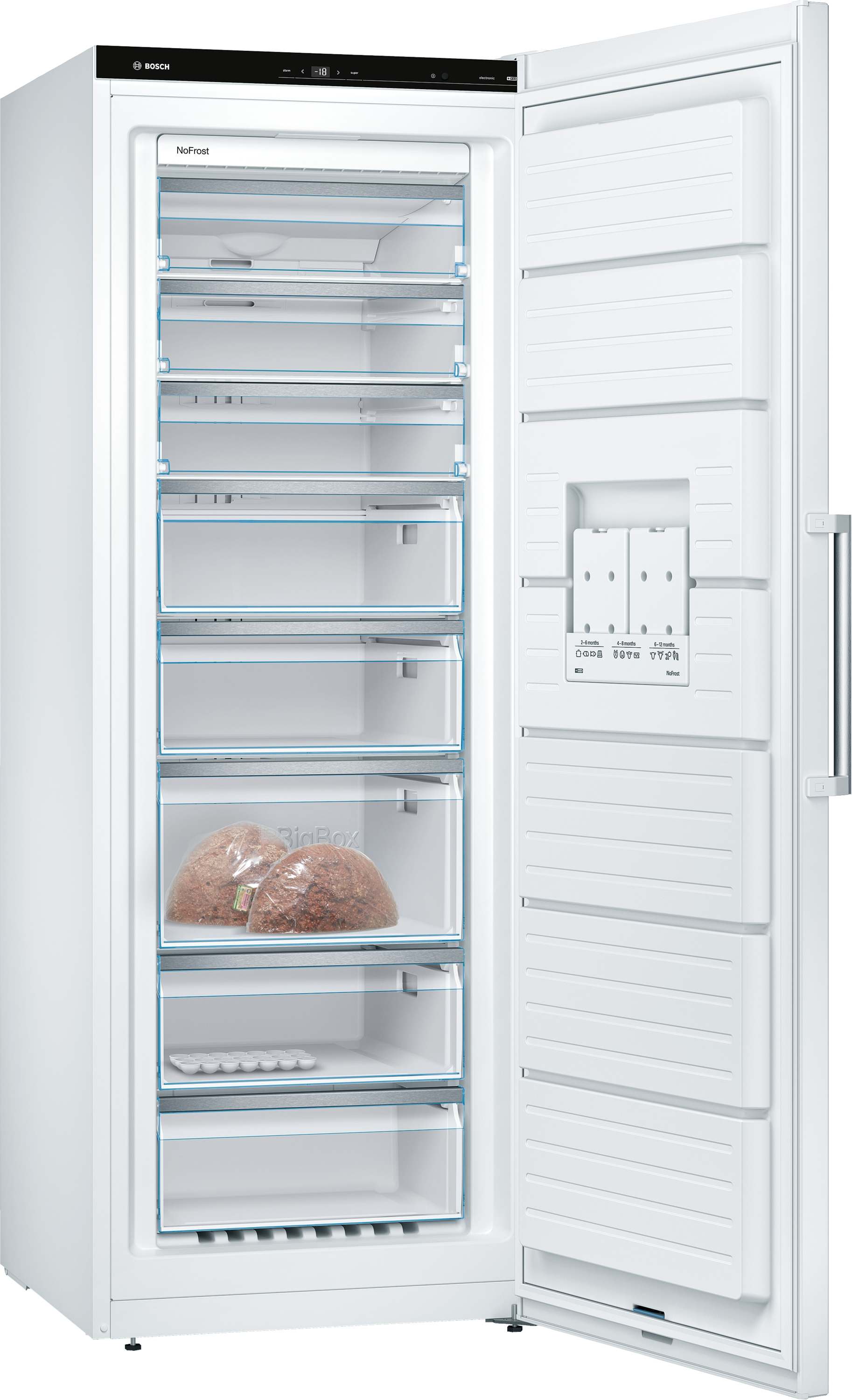 Réfrigérateur-congélateur blanc, ouvert, montrant étagères, tiroirs et aliments.