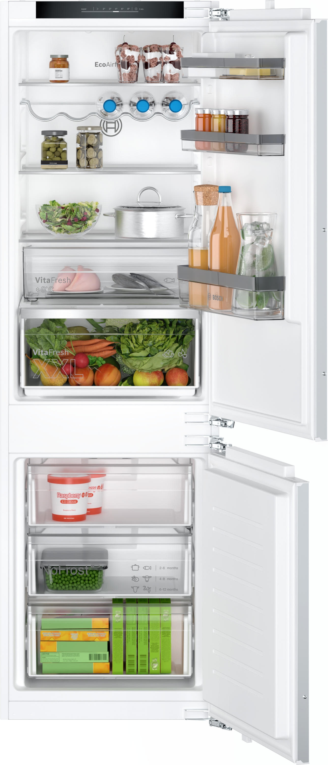 Intérieur du réfrigérateur avec portes ouvertes montrant étagères, tiroirs et divers aliments.