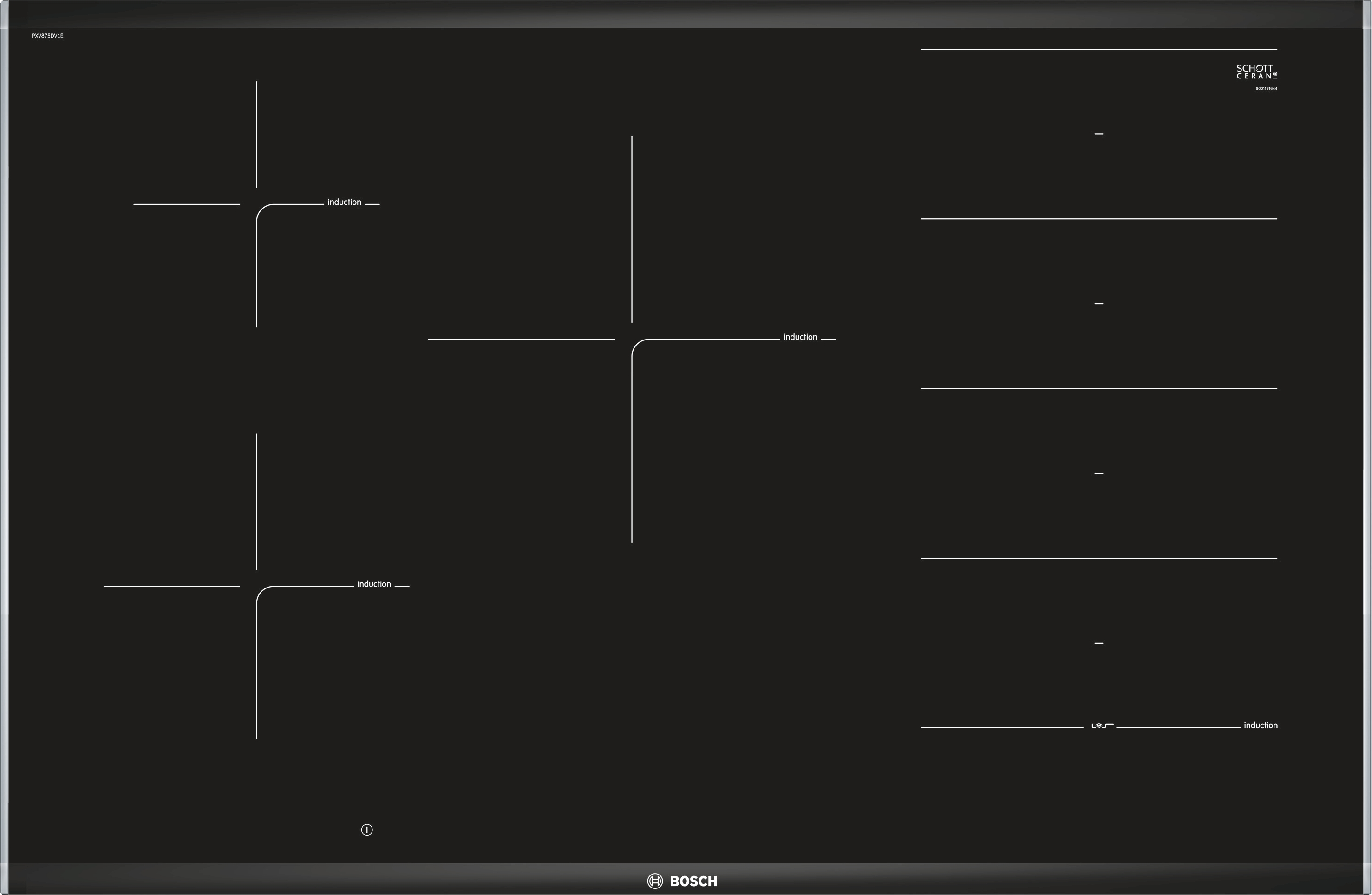 Une table de cuisson à induction noire avec quatre zones de cuisson et un logo Bosch.