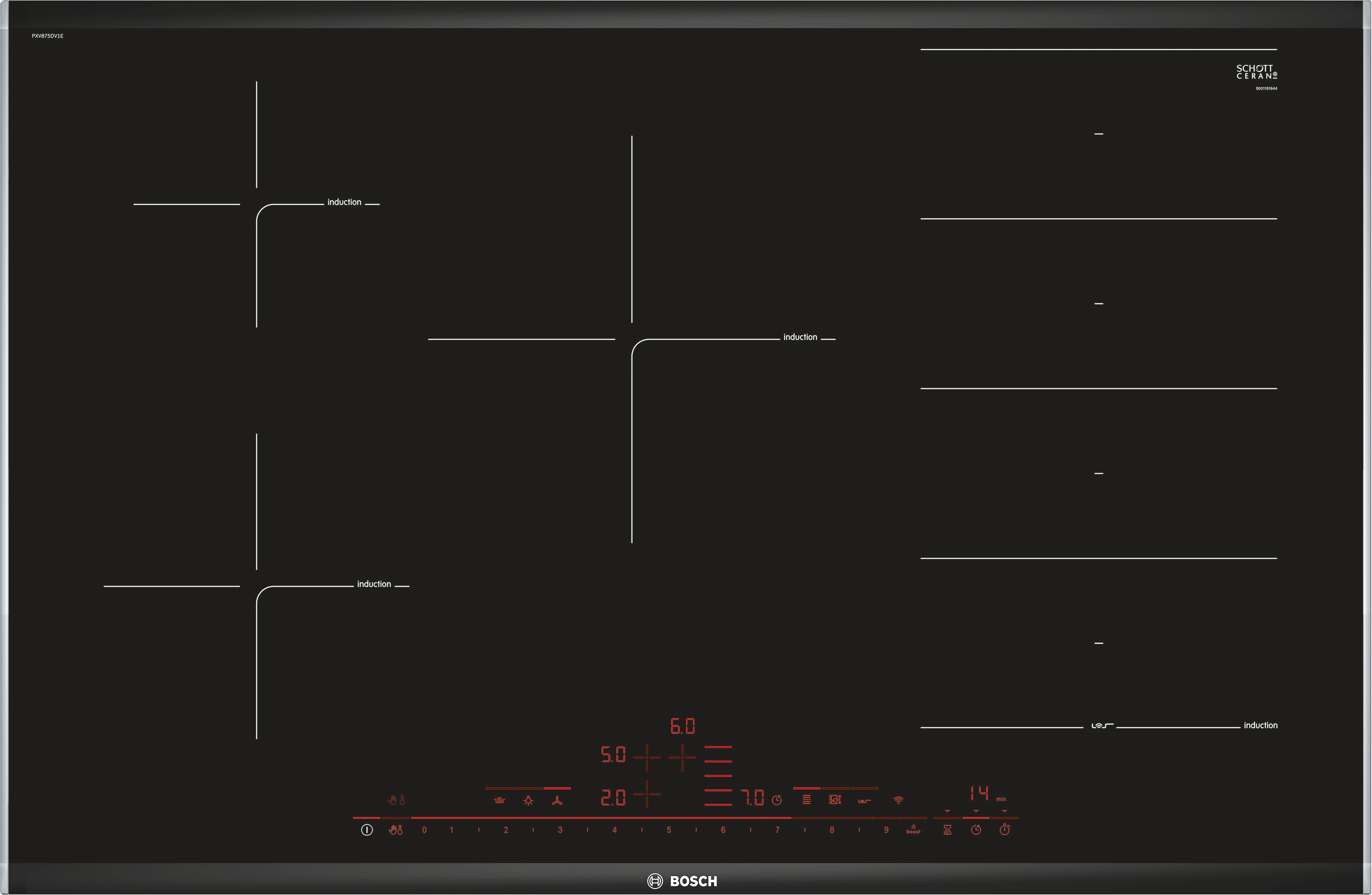Une table de cuisson à induction Bosch noire avec des commandes rouges. Elle comporte quatre zones de cuisson et une surface Schott Ceran.