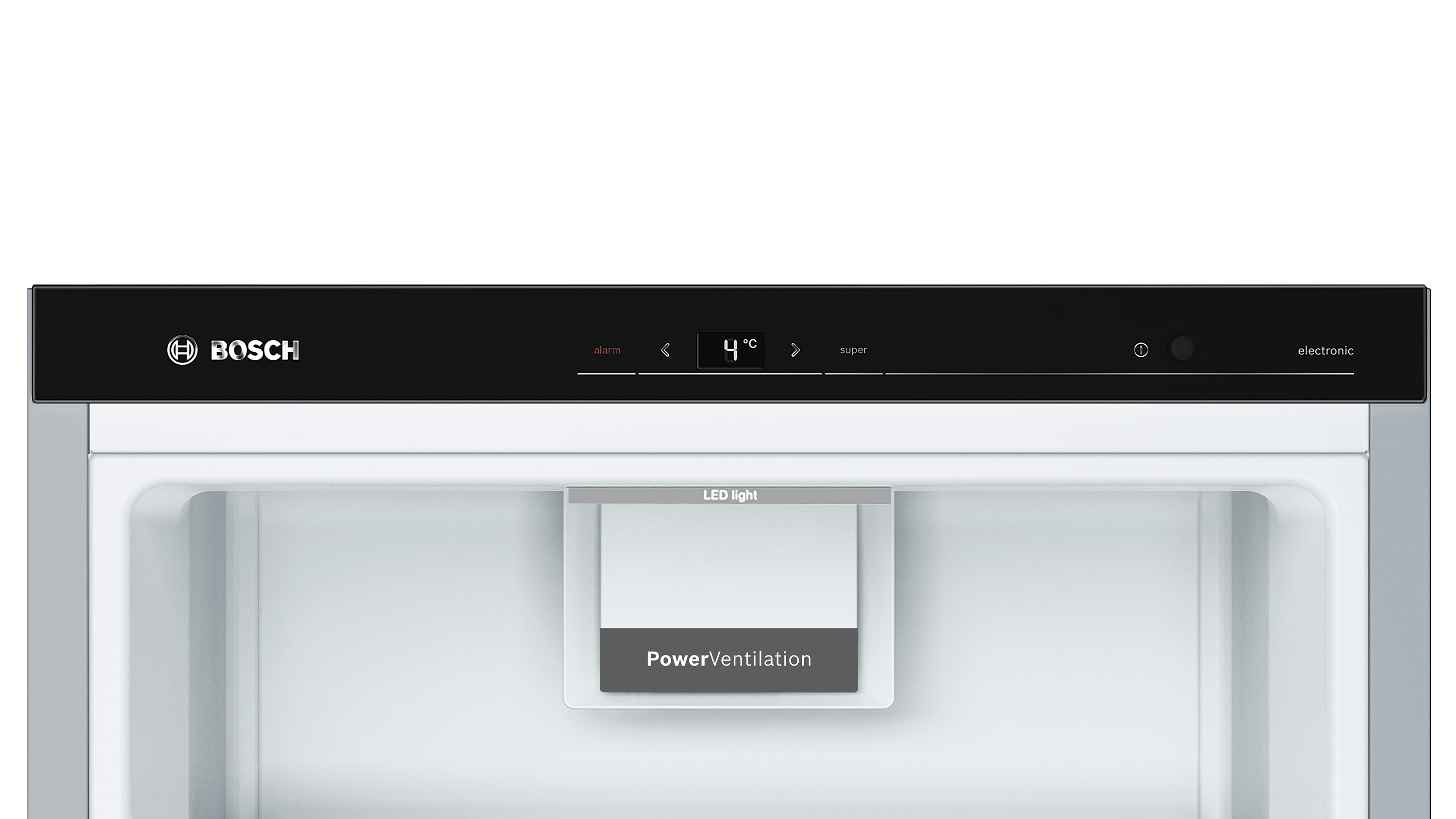 Intérieur du réfrigérateur Bosch. Panneau supérieur avec affichage de contrôle et lumière LED, intérieur vide.