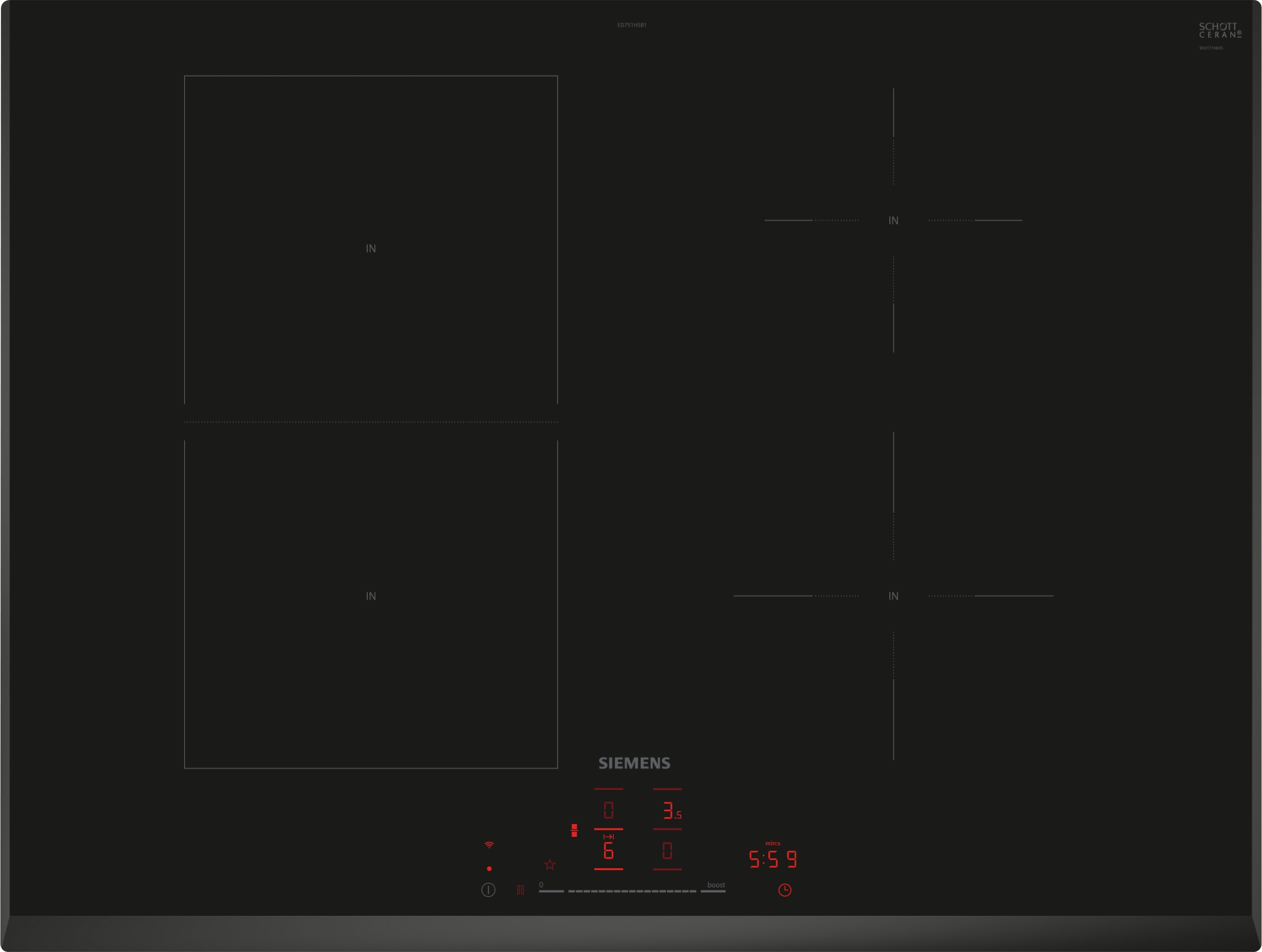 Black hob with four cooking zones, touch controls, and red digital display. Minimalist design.