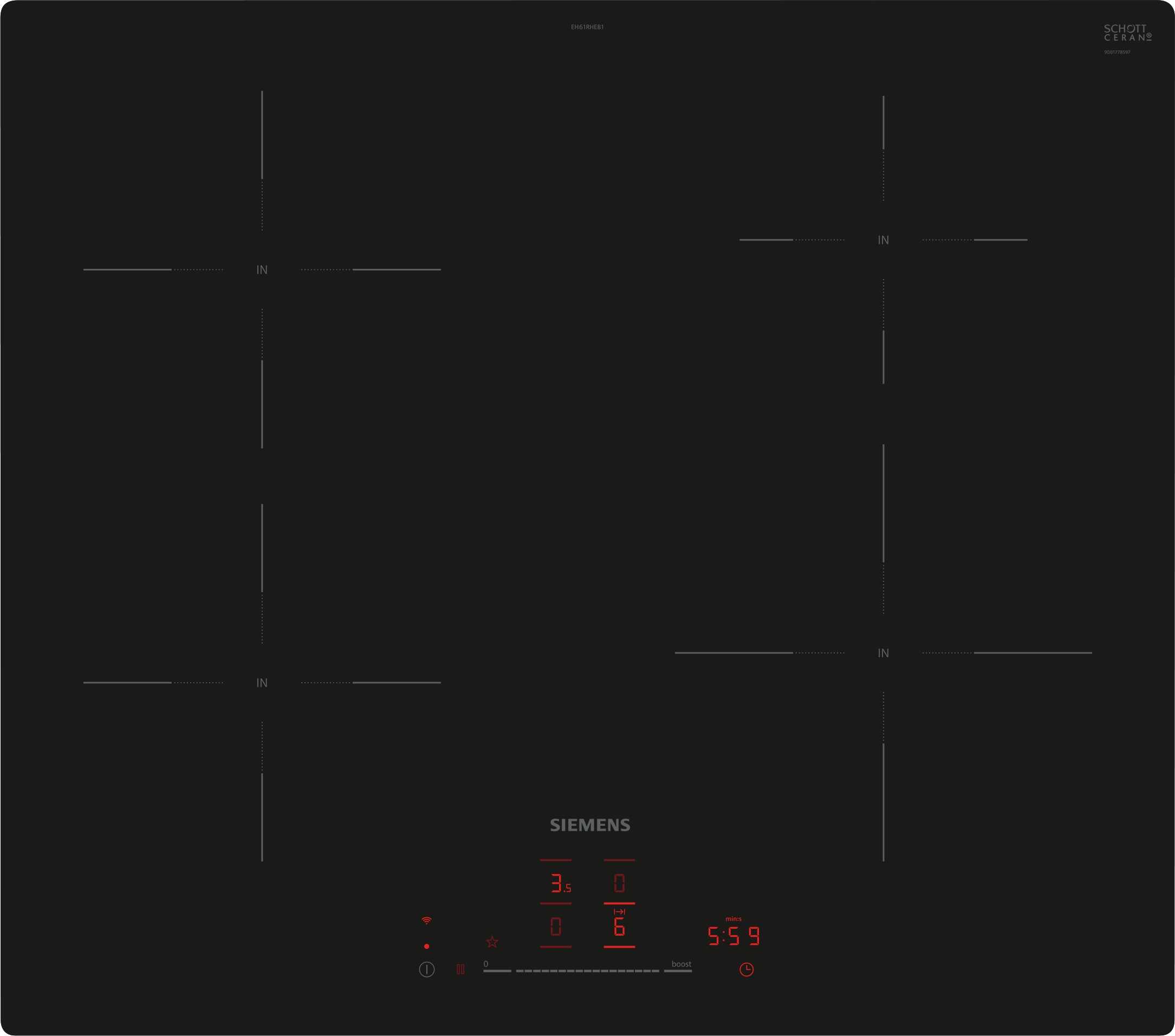 A black induction cooktop with four burners. The display shows red numbers. The surface is black.