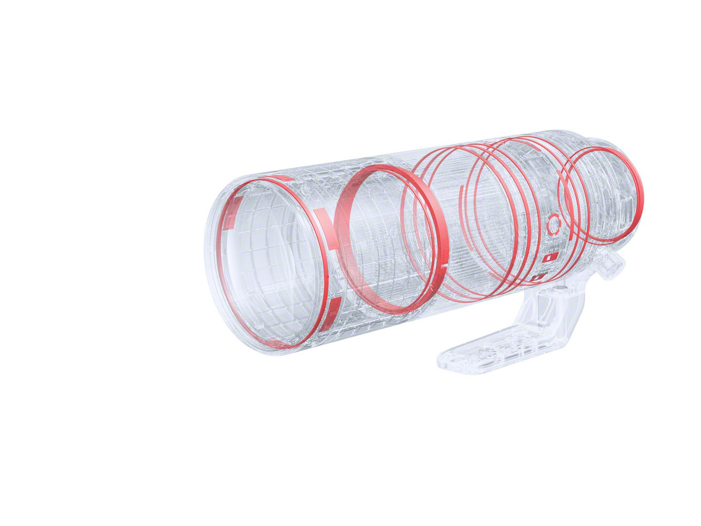 Transparente Linse, rote Ringe innen. Weißer Hintergrund.