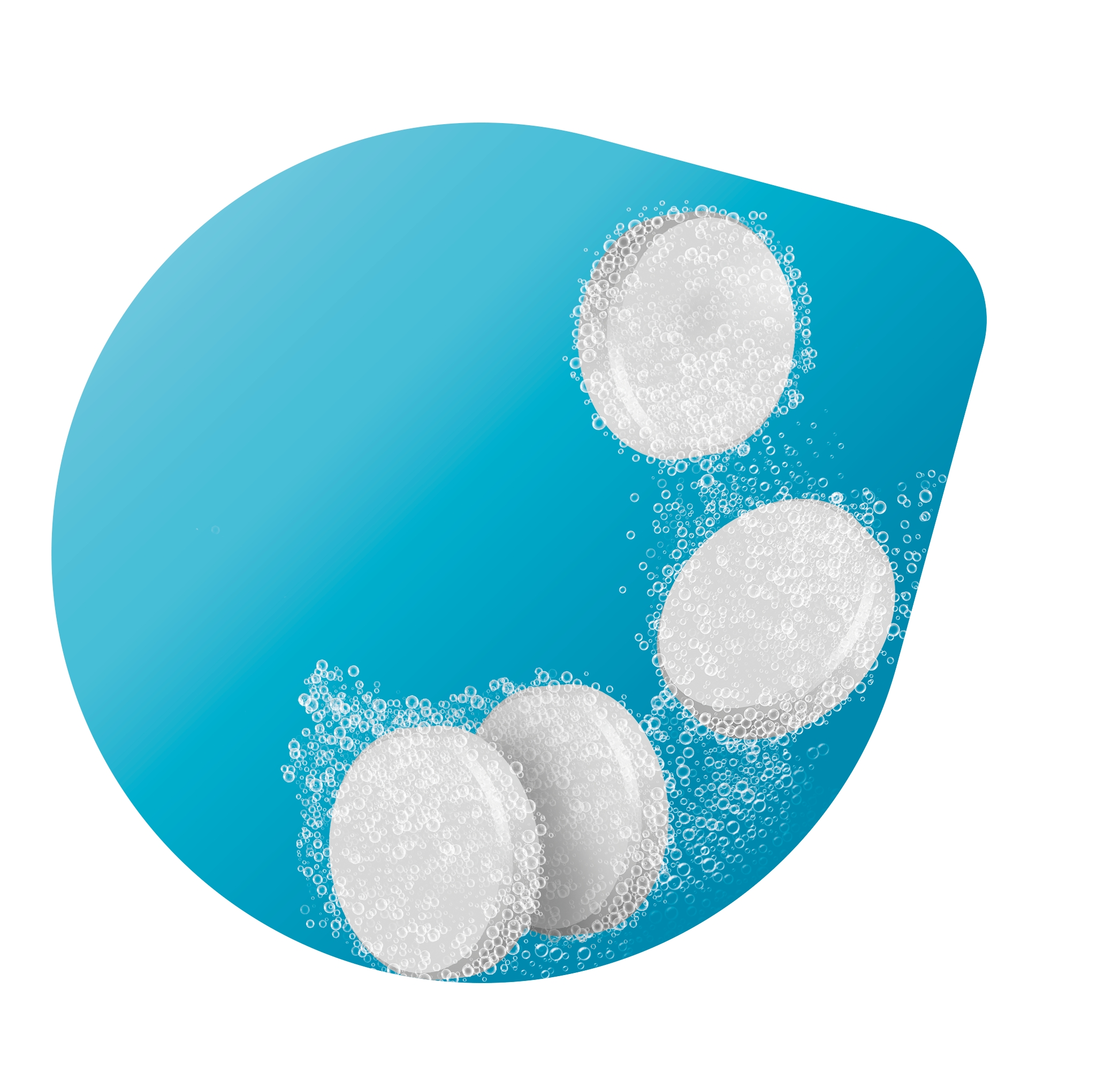 Vier weiße Brausetabletten, die sich in blau getöntem Wasser auflösen, umgeben von Blasen.