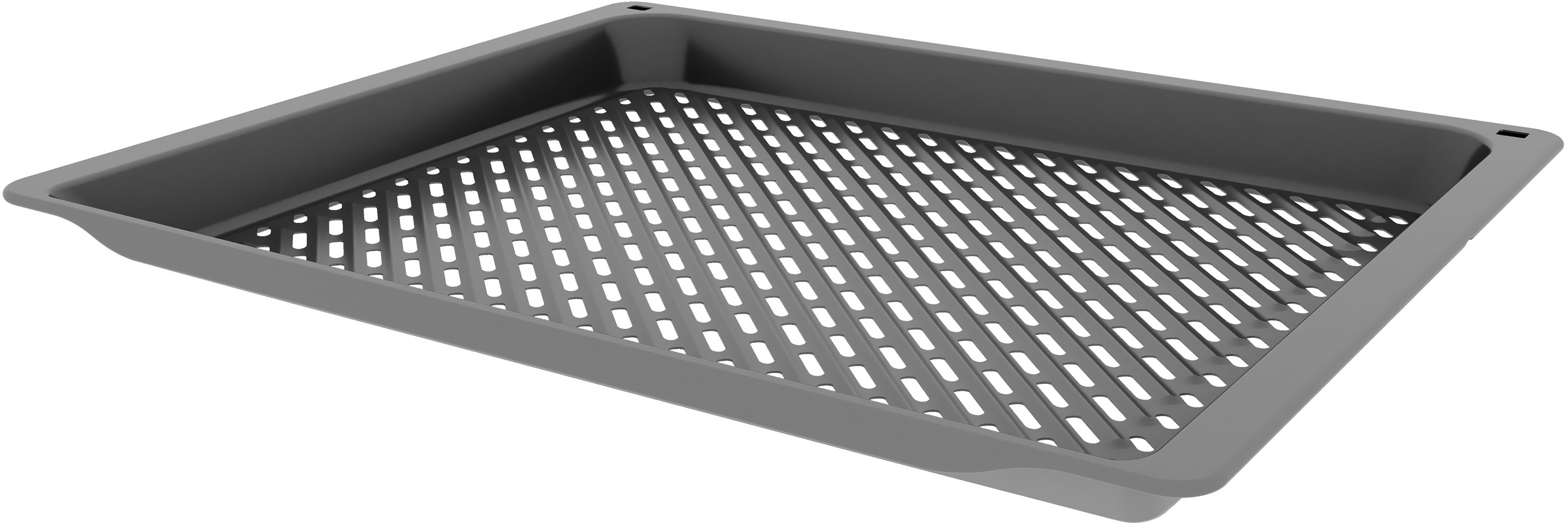 Ein graues Backblech mit Löchern. Es hat eine rechteckige Form und ist aus Metall gefertigt.