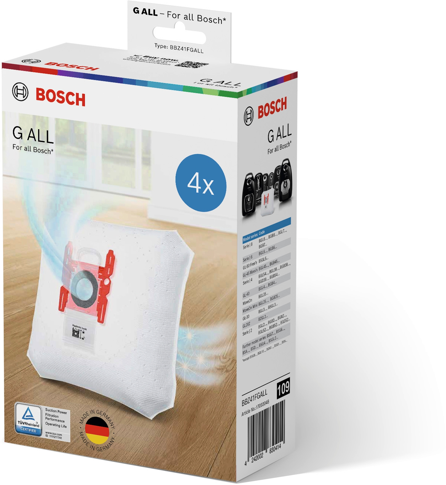 Karton mit Bosch-Staubsaugerbeuteln, weiß mit roten und schwarzen Details, auf Holzoberfläche.