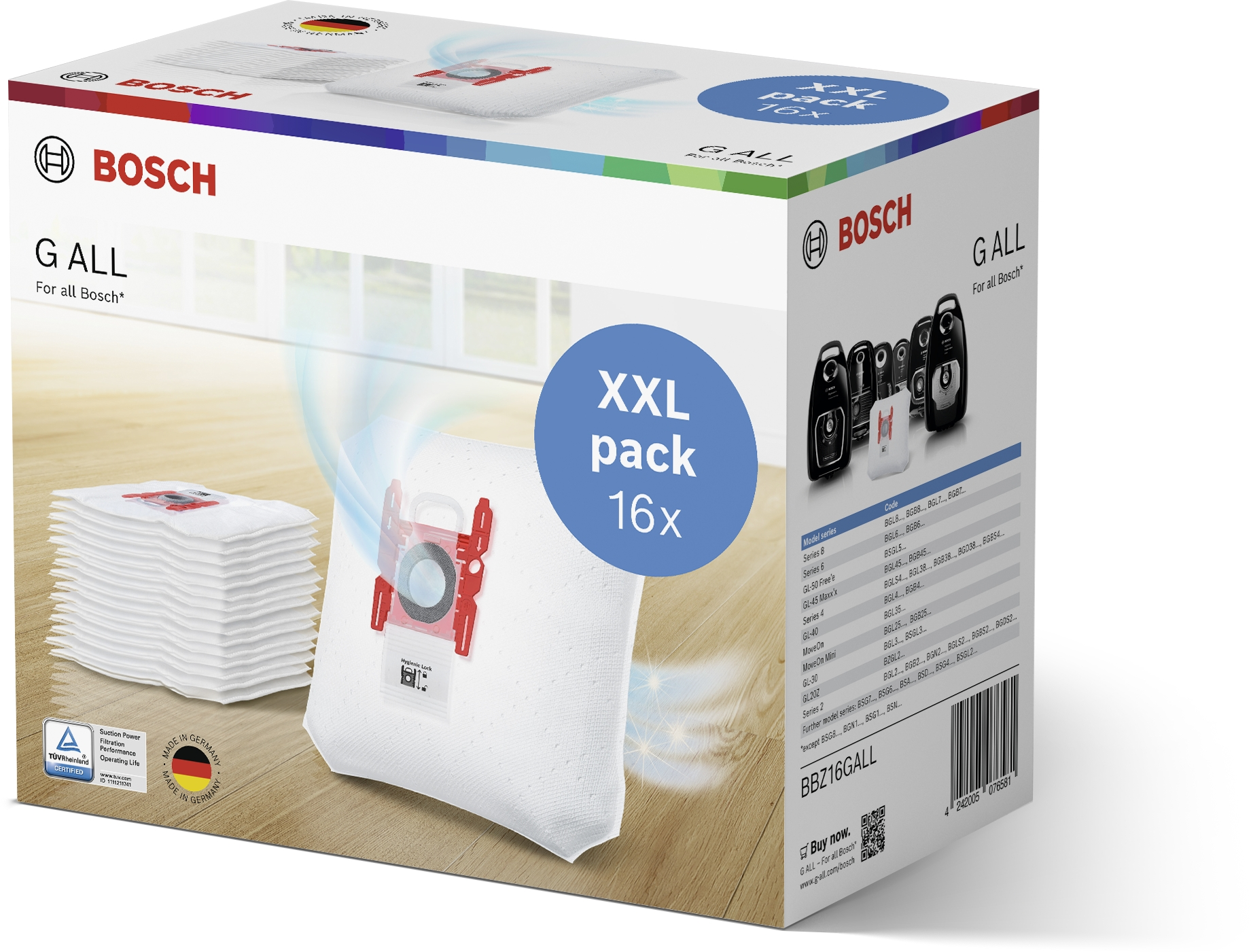 Eine Schachtel mit Staubsaugerbeuteln. Die Box ist weiß, mit großem XXL-Pack-Etikett.