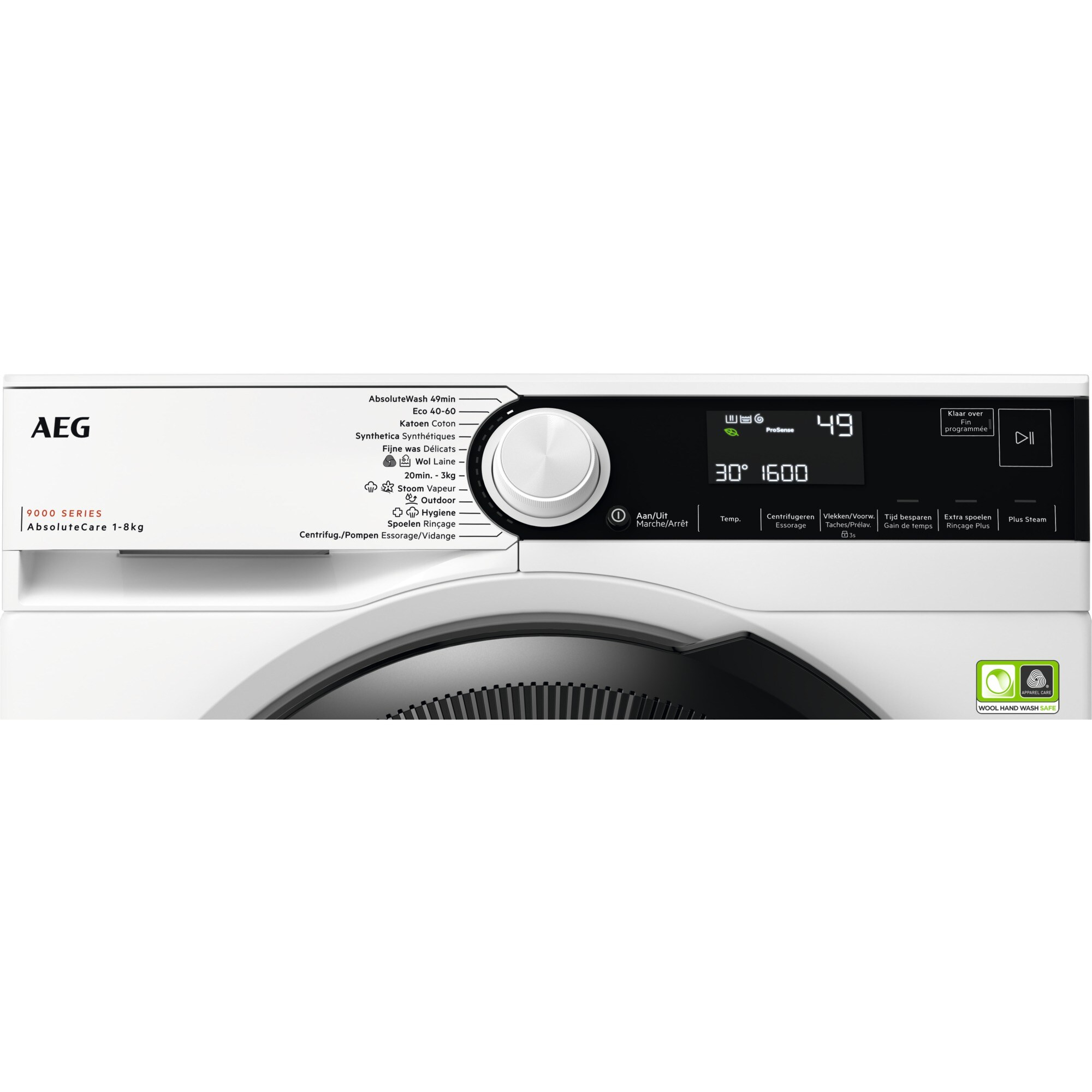 Wit AEG wasmachinebedieningspaneel met een draaiknop, display en knoppen, met '9000 Series'.