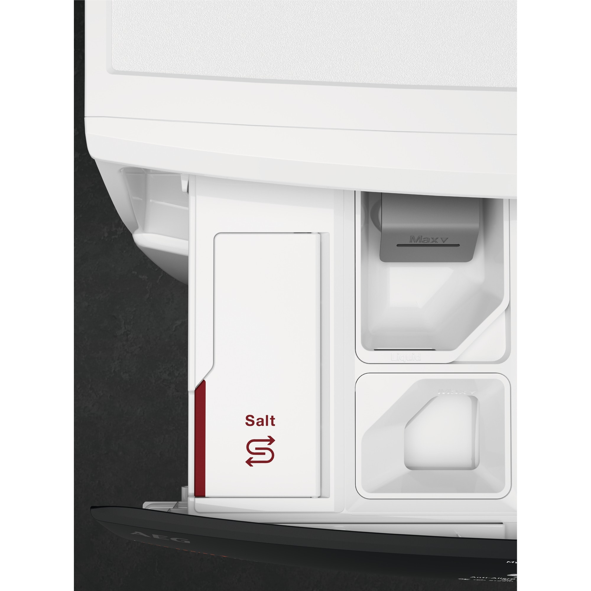 De wasmiddellade van een wasmachine staat open. Het compartiment zegt 'Zout'.