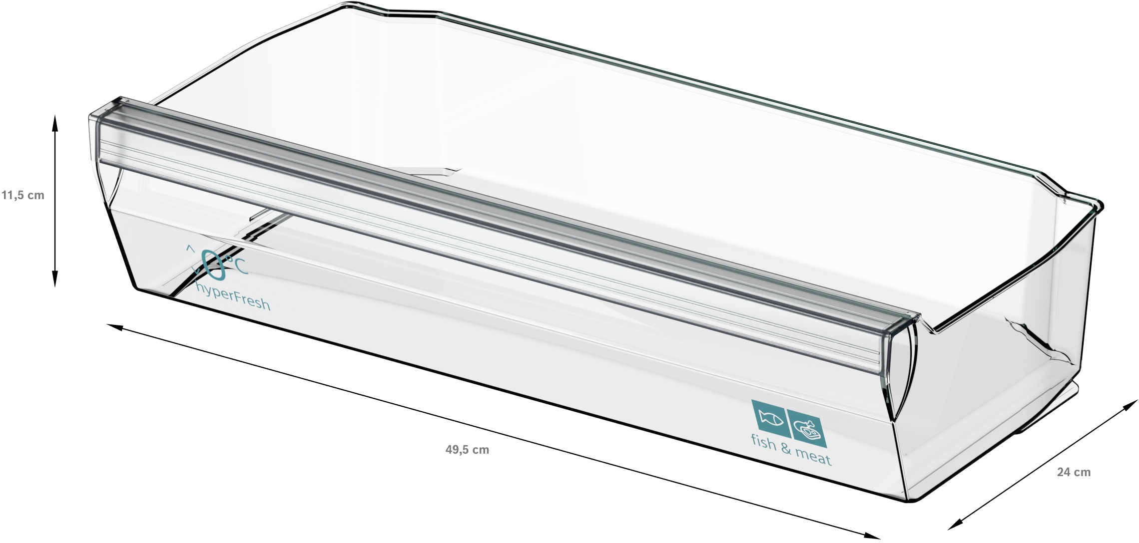 Eine transparente Kühlschublade mit Abmessungen und Beschriftungen für Fisch & Fleisch.