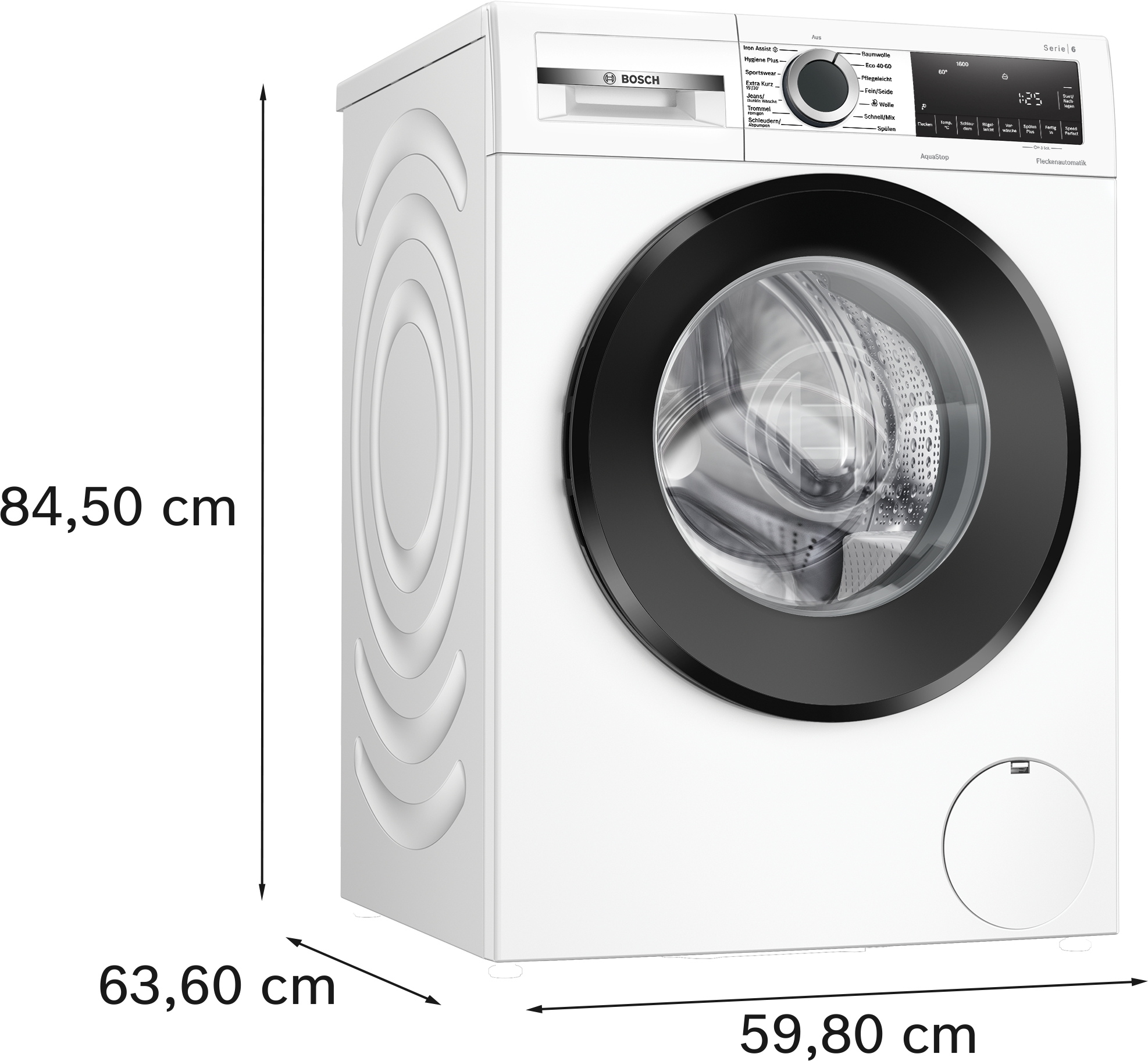 Weiße Bosch Waschmaschine, Abmessungen gezeigt.