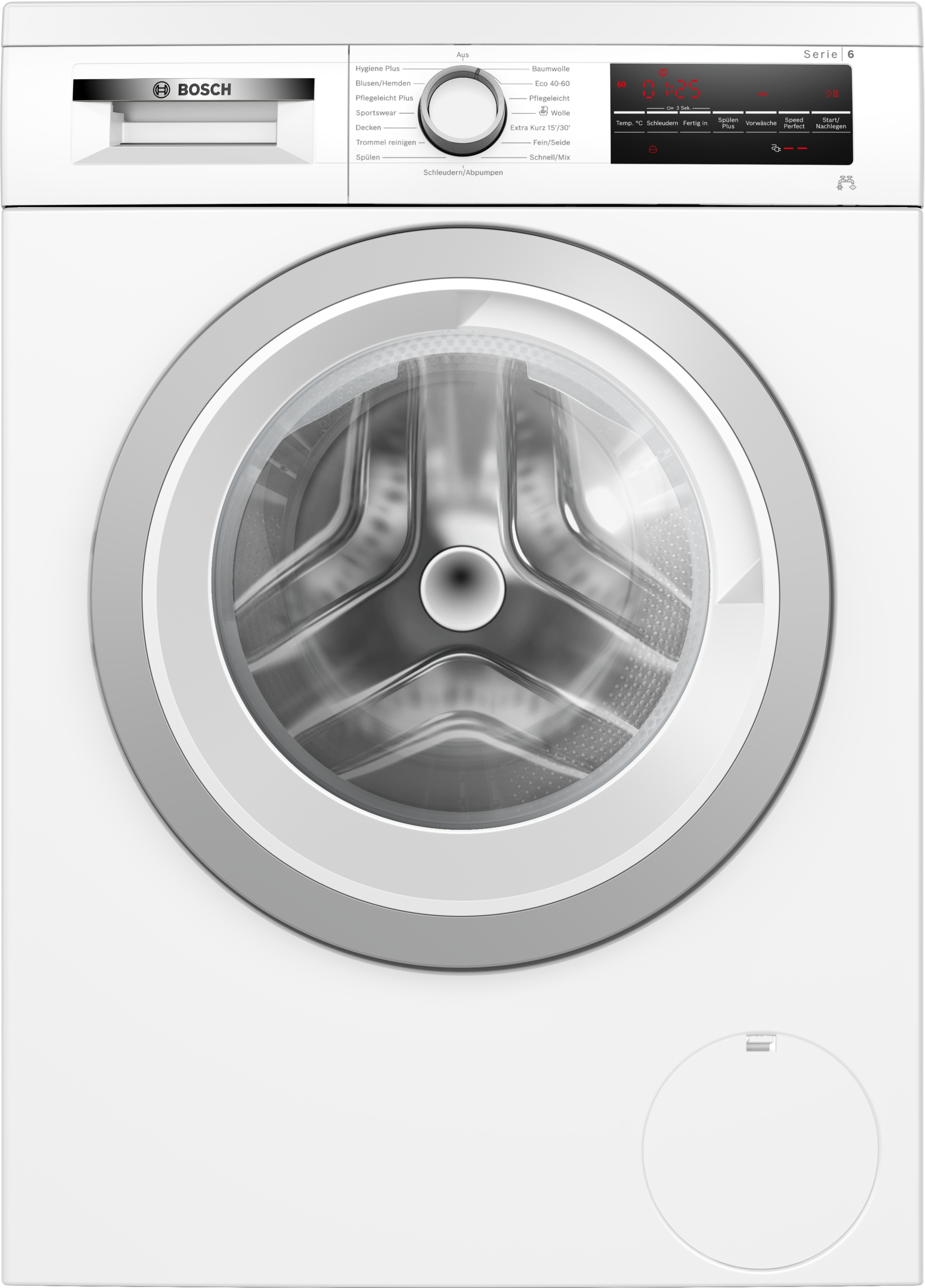 Eine weiße Bosch-Waschmaschine. Sie hat einen Drehregler, ein digitales Display und eine große Glastür.