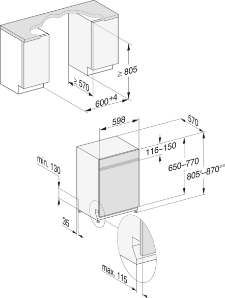 Diagramm einer Spülmaschine, zeigt Abmessungen für die Installation.