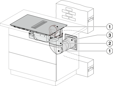 Technische Zeichnung eines Abluftsystems mit mehreren Rohren und Anschlüssen.