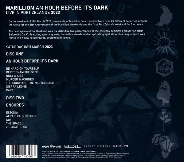 CD-Cover mit Text und Bildern: 'Marillion An Hour Before It's Dark'. Listet Tracks und Veranstaltungsinfos auf.