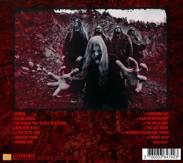 Albumcover, das eine Band mit langen Haaren zeigt, die sich dem Betrachter entgegenstreckt. Roter Hintergrund.