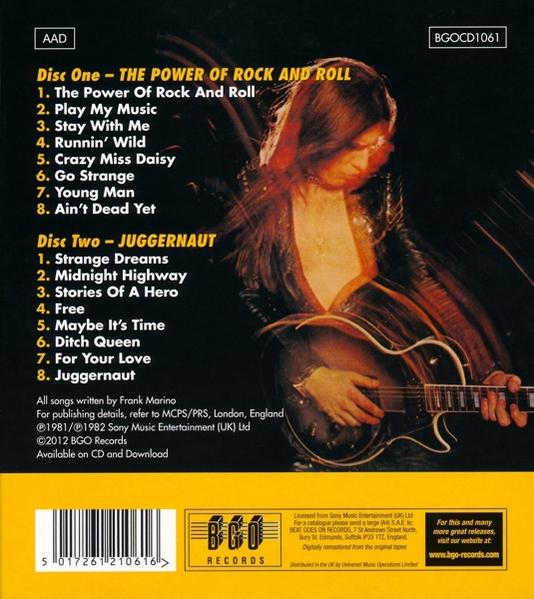 CD-Rückseite mit Songliste: Disc One, Disc Two, Künstler Frank Marino spielt Gitarre.