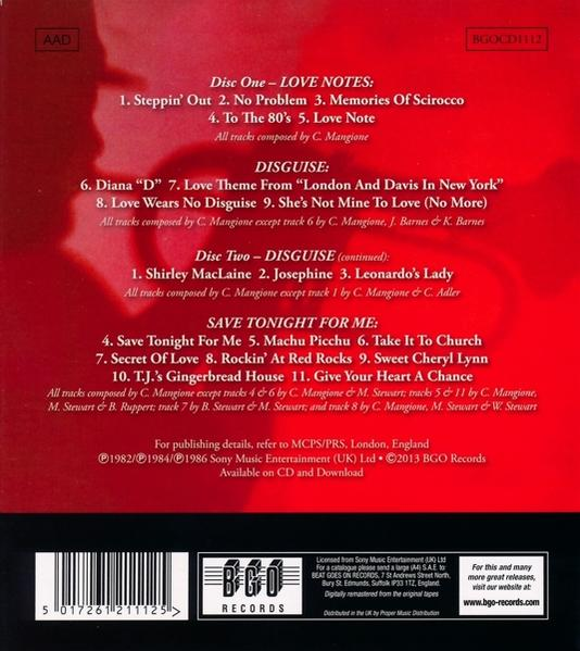 Roter CD-Cover-Rücken mit Songtiteln und Bandlogos.