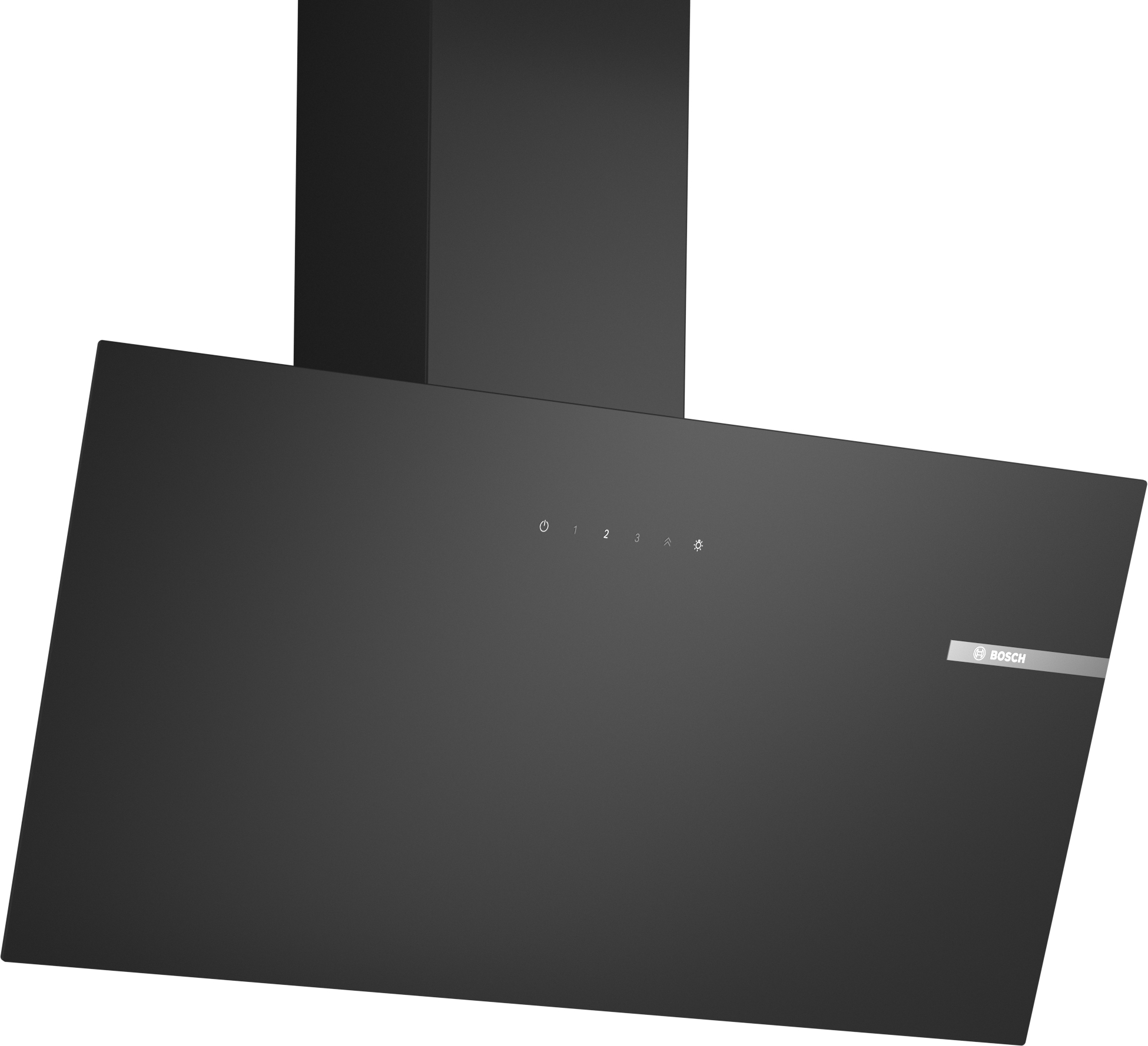 Schwarze Dunstabzugshaube mit Steuertasten und dem Bosch-Logo an einer weißen Wand.