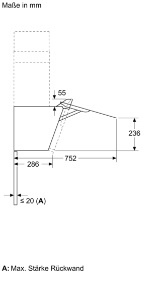 Diagramm, das die Abmessungen für die Installation einer Dunstabzugshaube zeigt.