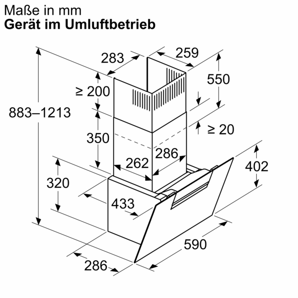 Technische Zeichnung einer Dunstabzugshaube mit Maßen in mm, zeigt verschiedene Komponenten und Luftstrom.
