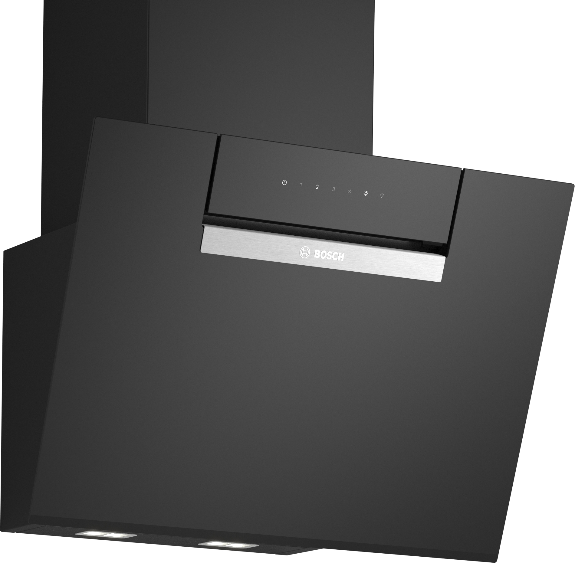Schwarze Dunstabzugshaube mit Bedienfeld und Bosch-Logo.