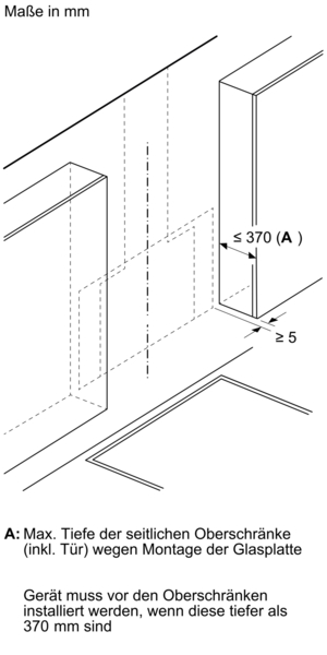 Diagramm der Küchenschrankinstallation, das Abmessungen und Freiräume zeigt.